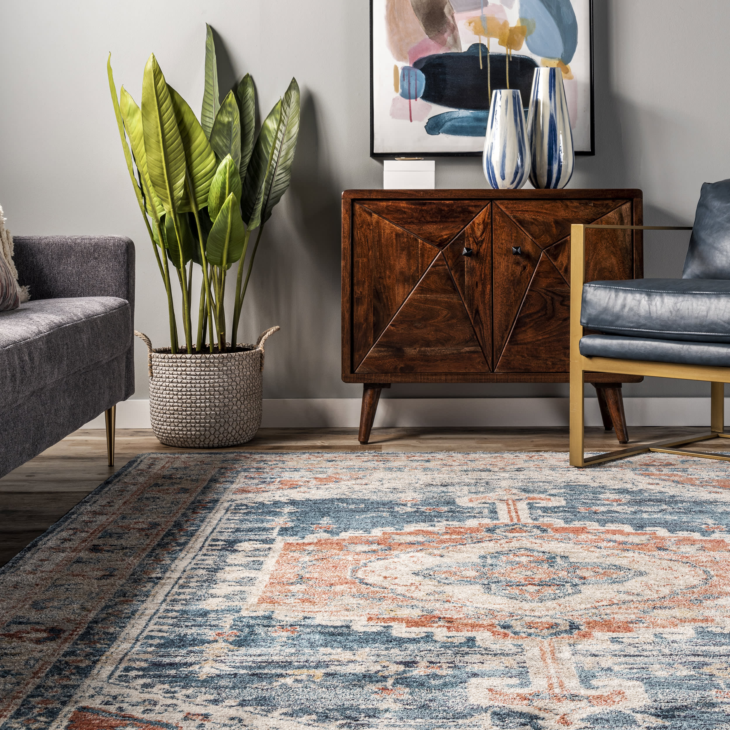 Barbed Mast Medallion Rug in Blue - Bohemian Style Area Rug for Living Room, Bedroom, or Office Decor