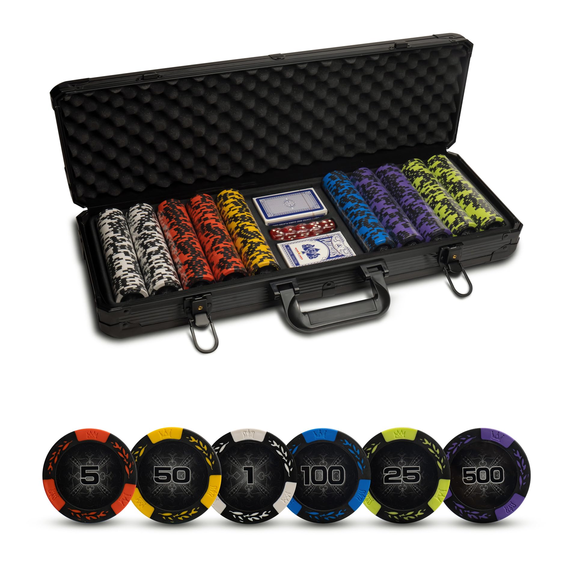 Premium Casino Style Poker Chips Set with Aluminum Case - 500 Numbered Black Chips, 1 Dealer Chip, 2 Playing Card Decks & 5 Red Dice - Perfect for Texas Hold'em, Blackjack & Home Poker Nights - Great Gift for Poker Players & Casino Enthusiasts