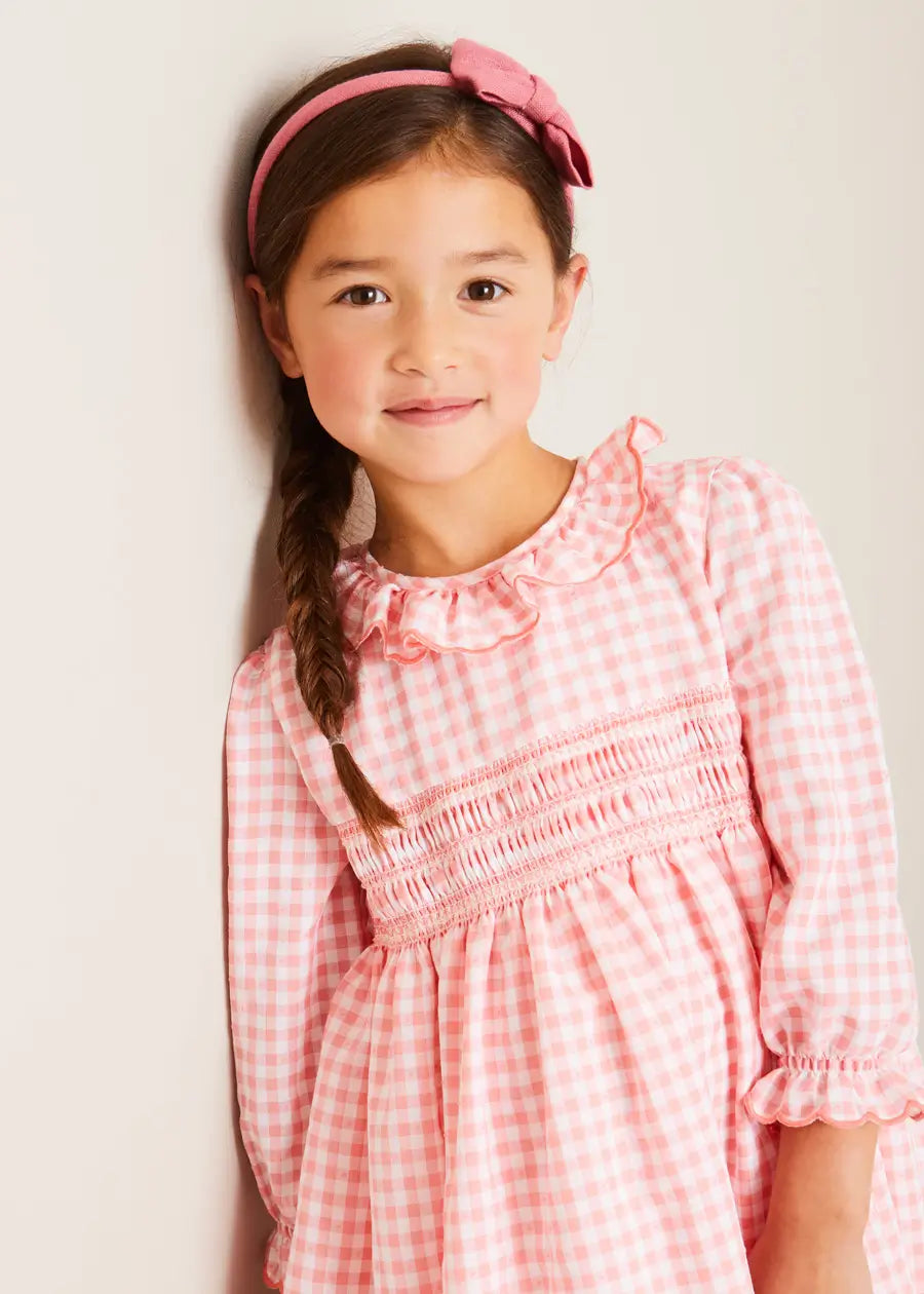 Gingham Smocked Ruffle Collar Long Sleeve Dress for Girls (12 Months - 10 Years) | Coral Floral Print | Perfect for Spring Photoshoots, Easter & Birthday Parties
