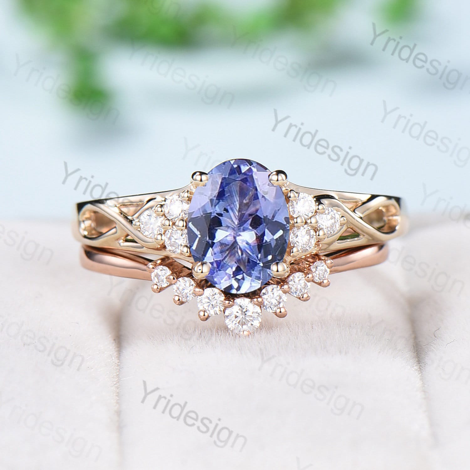 18K Yellow Gold Vintage Celtic Love Tanzanite & Diamond Engagement Ring Set for Women - Art Deco Wedding Jewelry with Natural Tanzanite Cluster | Perfect for Proposals, Anniversaries & Special Occasions