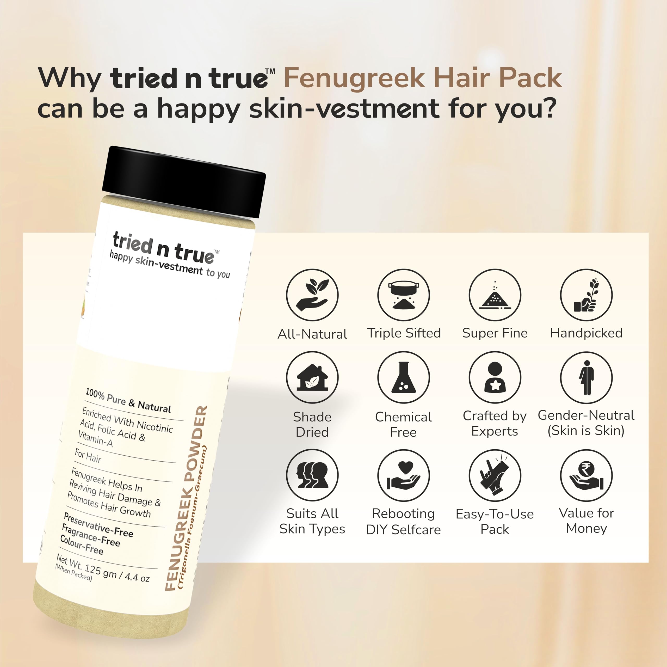 Pure Natural Fenugreek Powder (Methi) for Hair Growth - 125g | Organic Hair Mask & Hair Pack Treatment | Promotes Stronger, Thicker Hair | Ideal for DIY Hair Care & Scalp Treatments