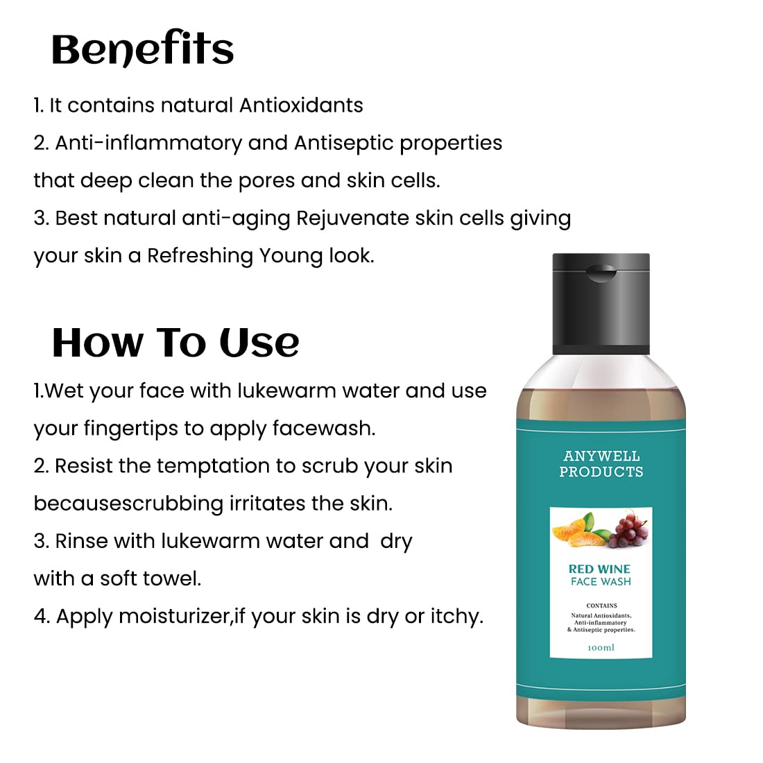 Anywell Red Wine Face Wash - Brightens Skin, Reduces Oil, Anti-Aging 100ml for Glowing Complexion