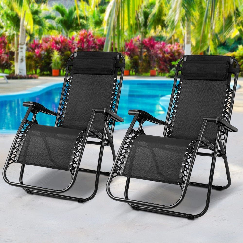 Gardeon Set of 2 Zero Gravity Lounge Chairs - Adjustable Reclining Outdoor Patio Furniture with Cup Holder - Perfect for Backyard, Poolside, Beach & Camping Relaxation - Foldable Sun Lounger in Black