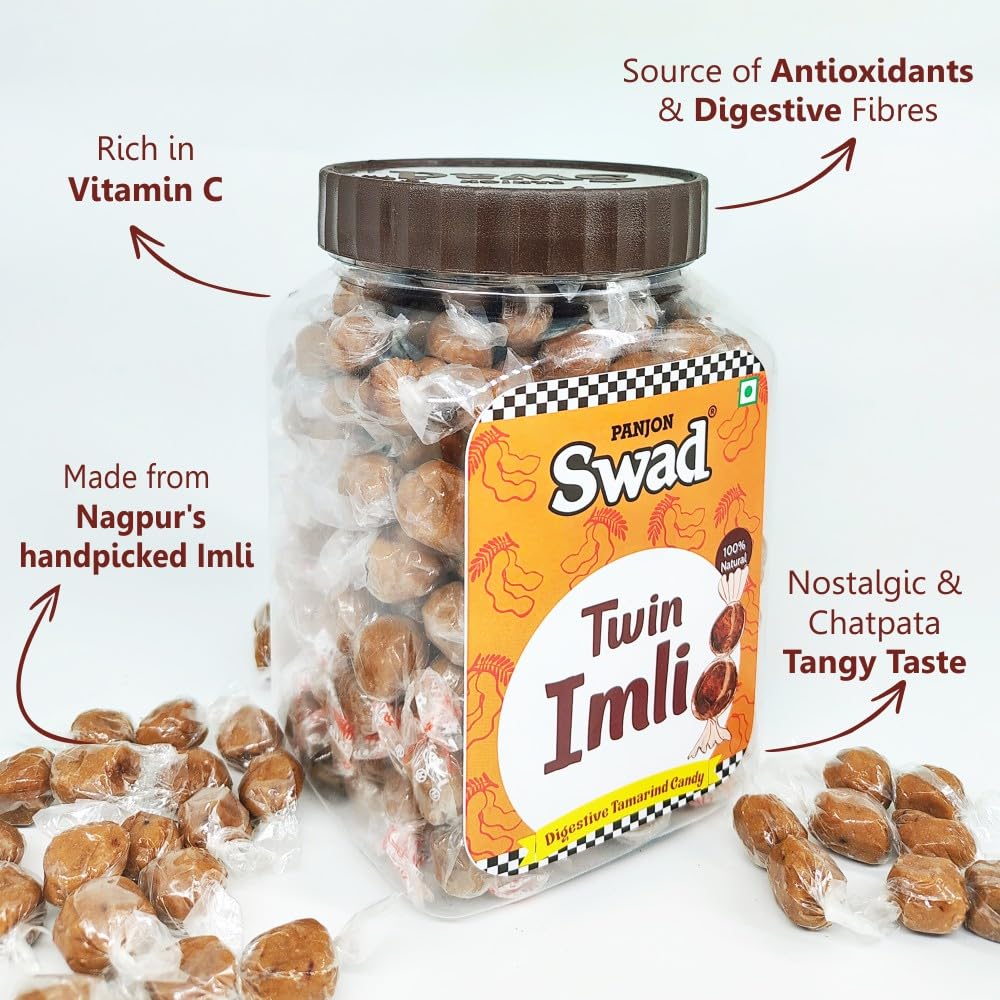 Panjon Swad Twin Imli Candy - Sweet & Sour Tamarind Toffee, 400g Jar - Perfect for Snacking, Gifting & Indian Dessert Lovers