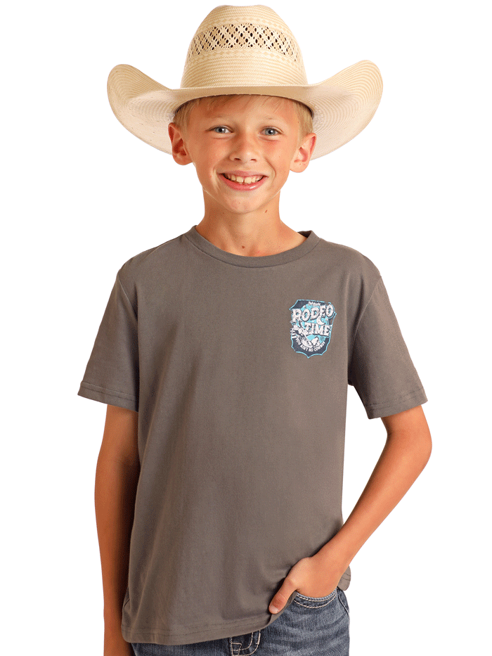 Rock & Roll Denim BB21T06079 Kids Dale Brisby Rodeo Time Graphic Tee Grey - Stylish Western Graphic T-Shirt for Boys & Girls - Perfect for Rodeo Events, Concerts & Casual Wear