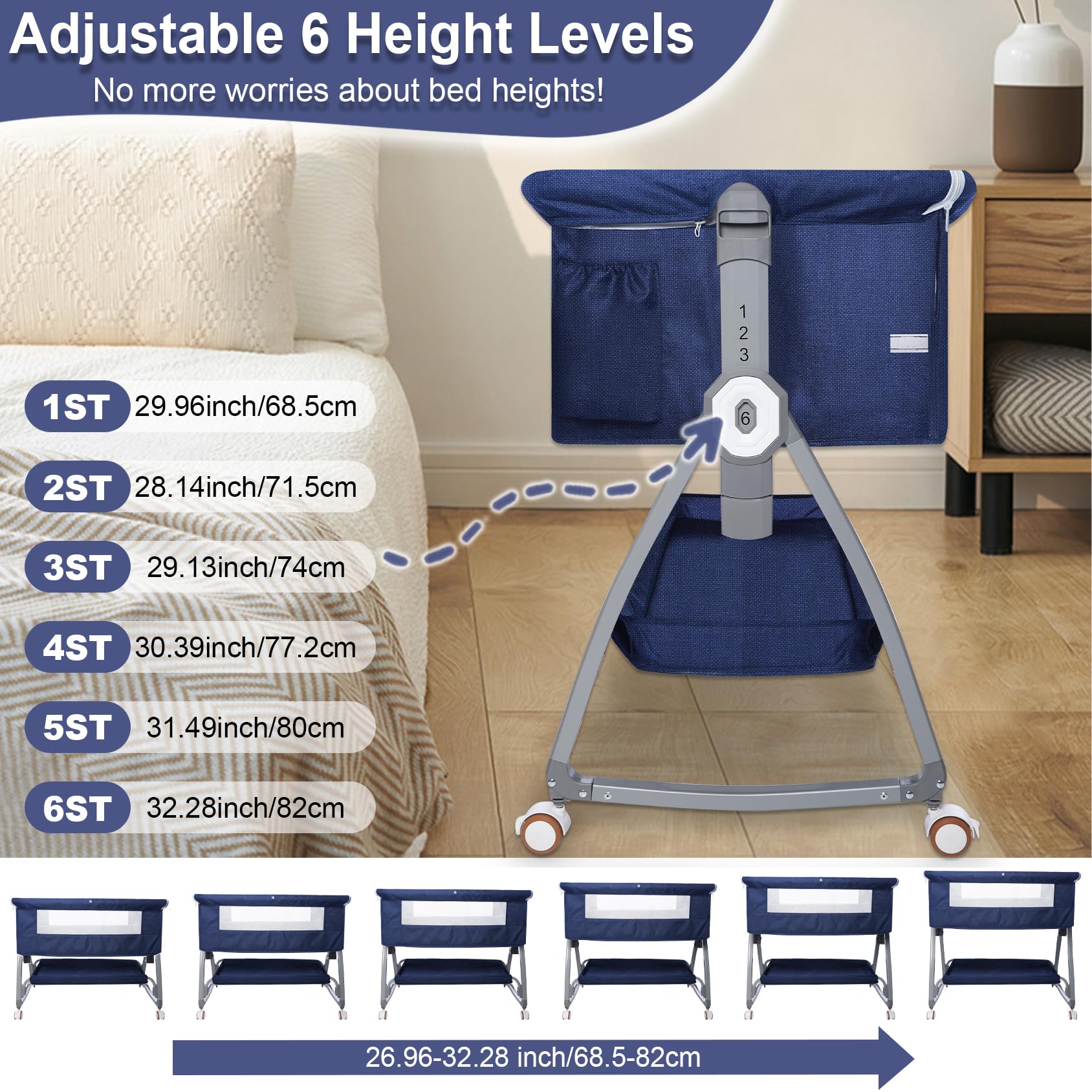YTHFGRT 3-in-1 Adjustable Baby Bassinet Bedside Sleeper - 6 Height Levels & Auto-Lock Wheels - Portable Crib for Newborns & Infants - Perfect for Breastfeeding, Co-Sleeping & Nursery Room
