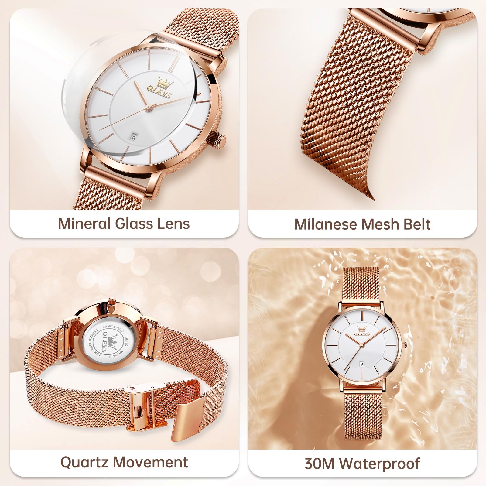 OLEVS Women's Ultra Thin Watch - Stainless Steel Mesh, Big Dial, Waterproof for Work & Party