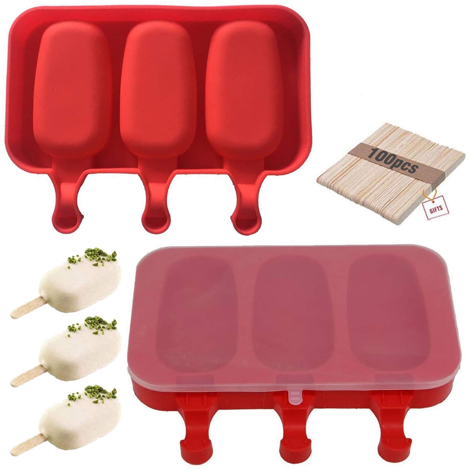 BPA-Free Silicone Popsicle Molds with Lid - 3 Cavity Ice Pop Maker for Homemade Popsicles, Ice Cream & Cake - Easy Release with 100 Sticks (Set of 2, Red) - Perfect for Summer Treats, Kids Snacks & Party Desserts
