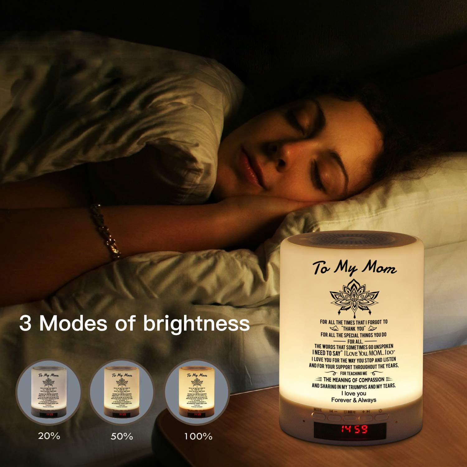 Personalized Engraved Touch Table Lamp with Bluetooth Speaker - Custom Night Light for Mom, Mother's Day & Birthday Gift Idea - Perfect for Bedroom, Nursery, or Office Desk