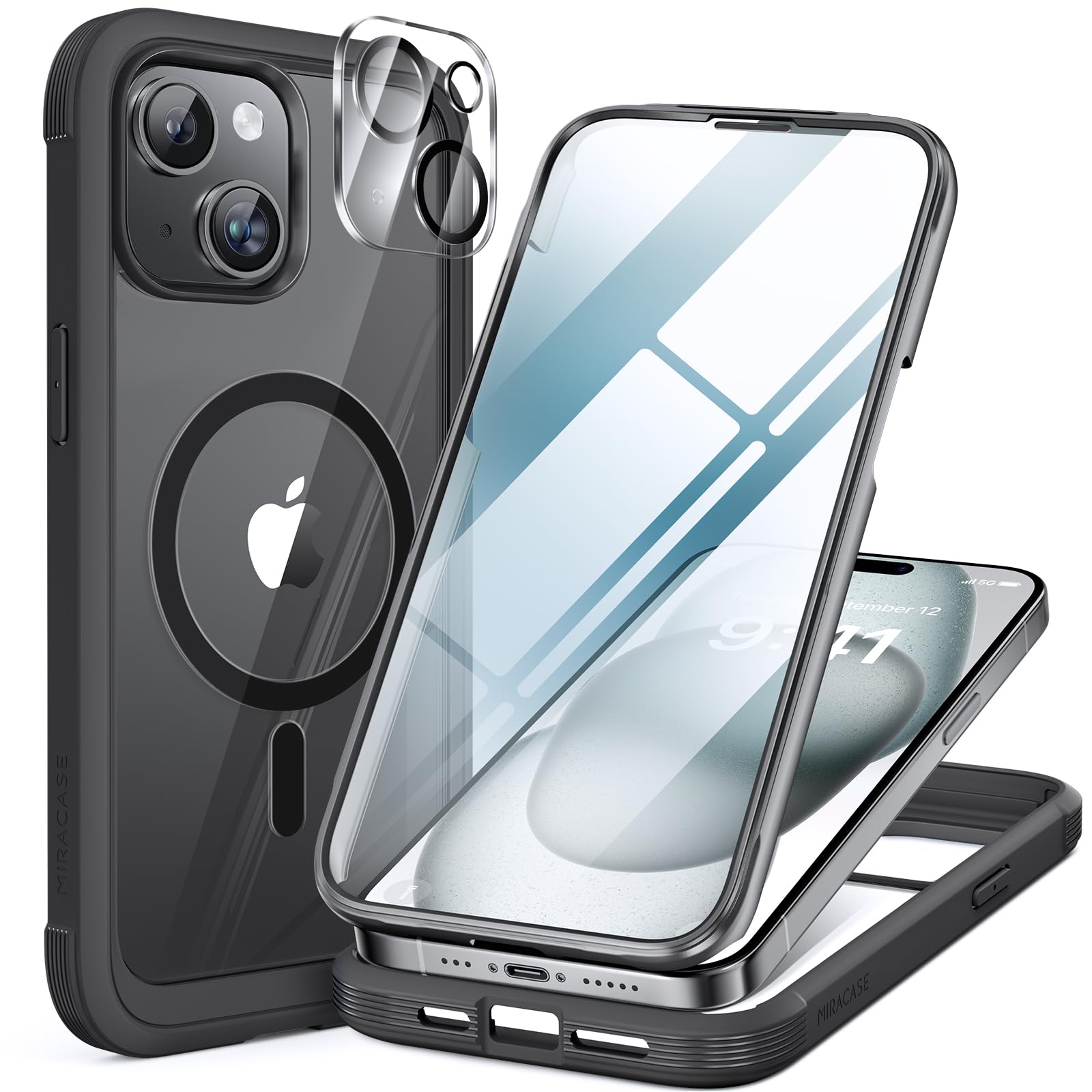 Miracase Magnetic Case for iPhone 15 Plus 6.7-Inch - Slim Full Body Protective Bumper with MagSafe Compatibility, Built-in 9H Tempered Glass Screen Protector & Camera Lens Cover (Black) | Perfect for Everyday Use, Travel & Wireless Charging