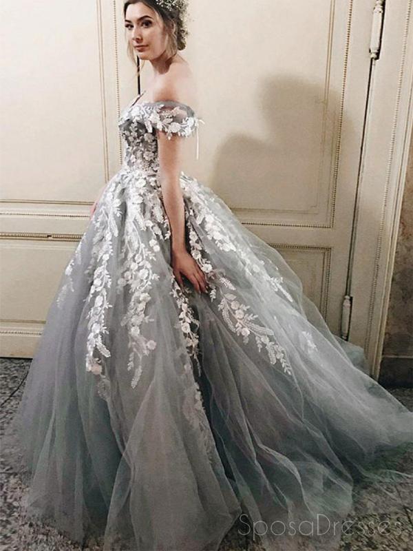 Elegant Off Shoulder Grey Lace Beaded A-Line Long Evening Prom Dress for Sweet 16 | Formal Gown for Homecoming, Wedding, and Special Occasions