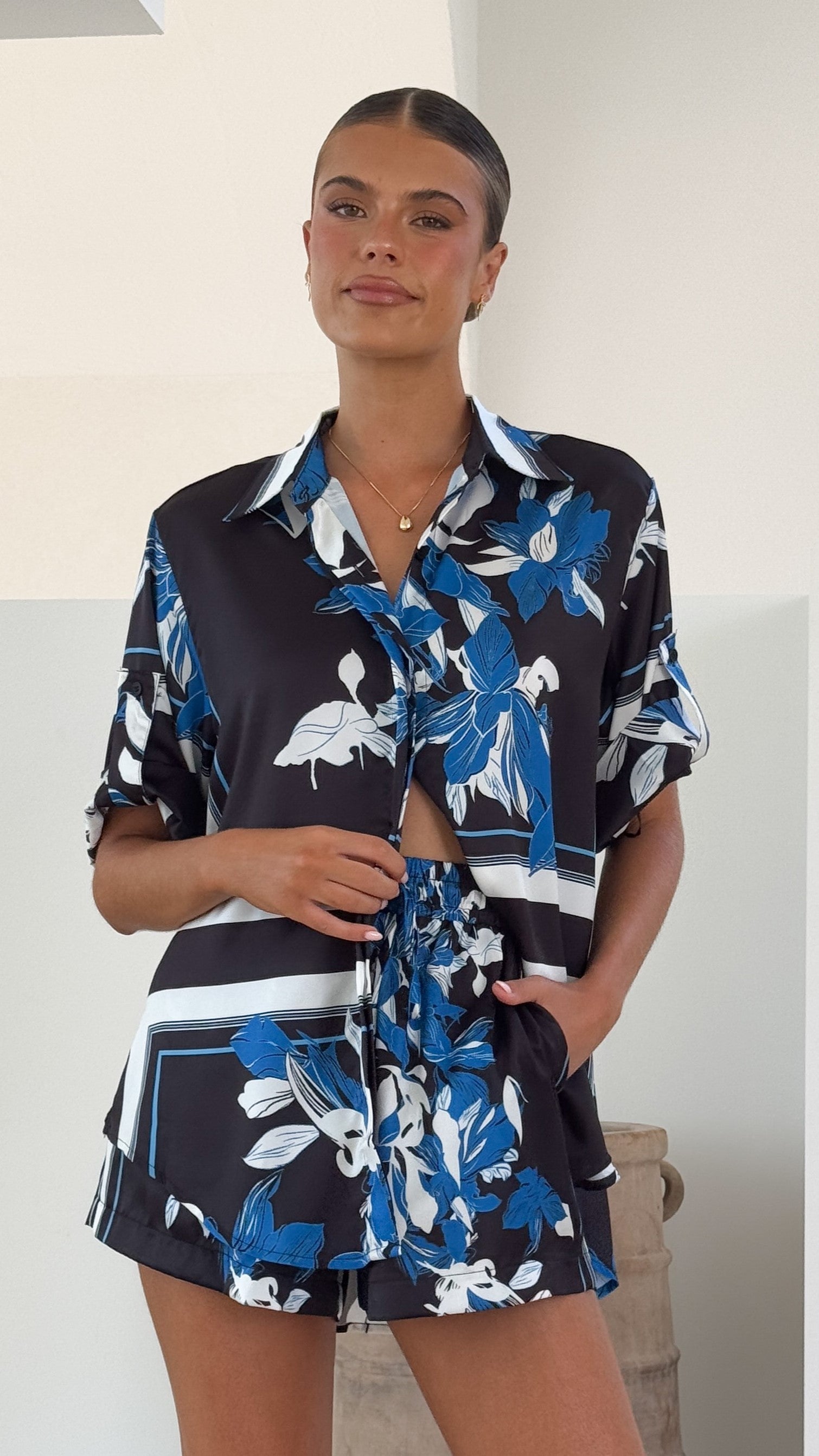 Alma Shorts for Women - Stylish Black & Blue Printed Casual Shorts | Perfect for Summer, Beach, and Outdoor Activities