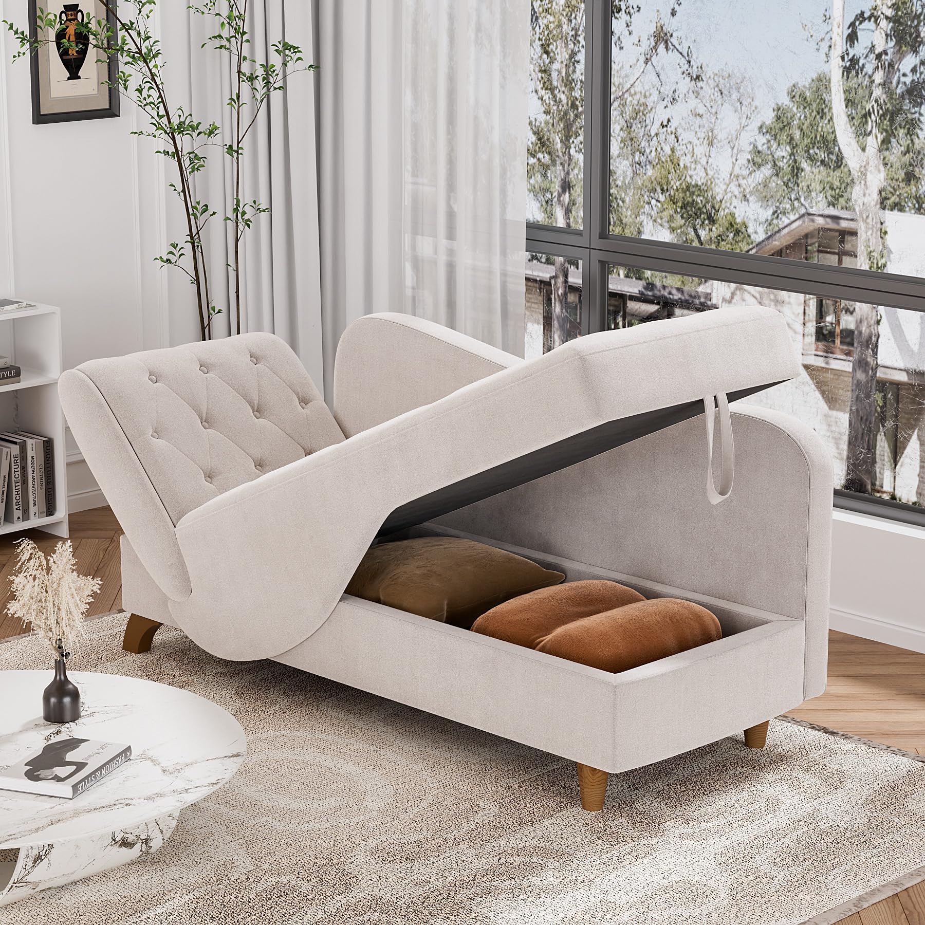 OUYESSIR Velvet Upholstered Chaise Lounge - Adjustable Recliner Sofa with Storage & Pillow, Button Tufted Lounge Chair for Living Room, Bedroom, Office - Grey | Perfect for Relaxing, Reading & Small Space Decor