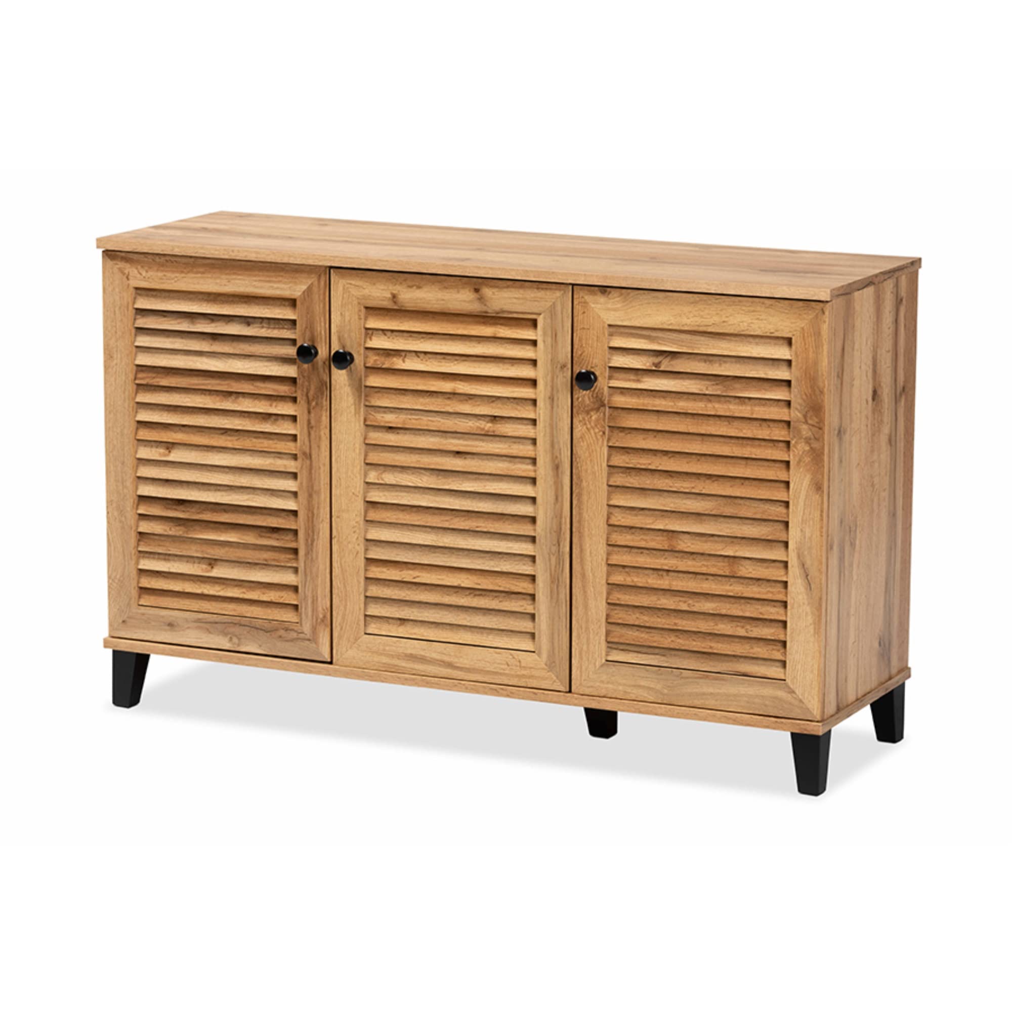 Baxton Studio Coolidge Modern Oak Brown Wood 3-Door Shoe Storage Cabinet - Organize Shoes in Entryway, Bedroom or Closet (36