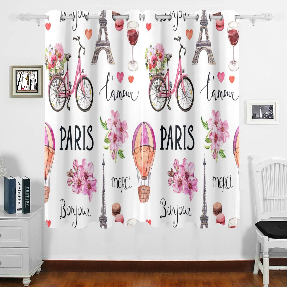 DOMIKING Blackout Curtains for Bedroom - Watercolor French Style Thermal Insulated Room Darkening Drapes (63x55 Inch) - Perfect for Living Room, Bedroom & Kitchen Decoration | Noise Reduction & Energy Saving Window Treatments