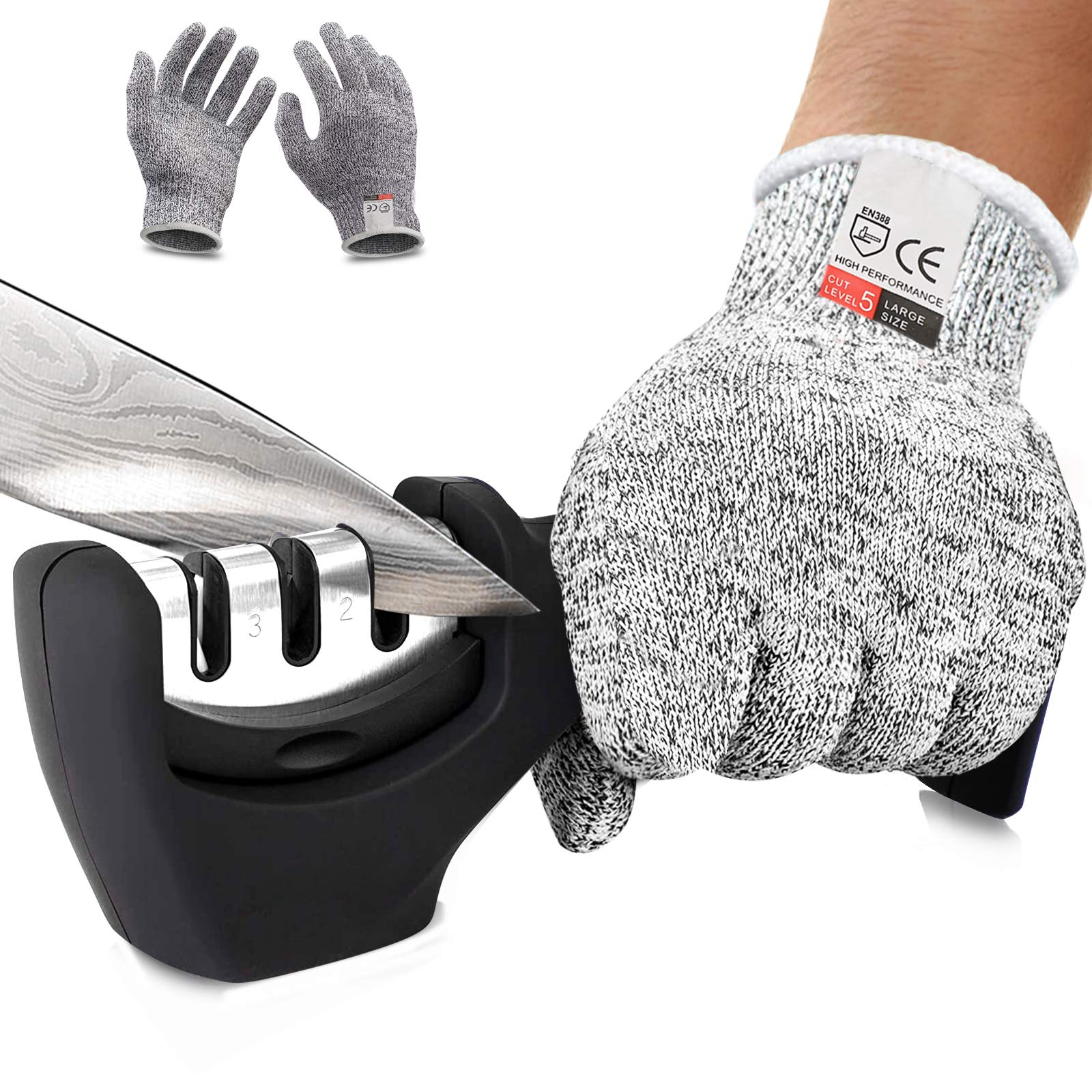 BOZXYE Professional 3-Stage Knife Sharpener - Diamond, Tungsten & Ceramic Whetstone for Steel & Ceramic Knives - Blade Repair, Restoration & Polishing Kit with Cut-Resistant Gloves - Perfect for Kitchen, Camping & Outdoor Cooking