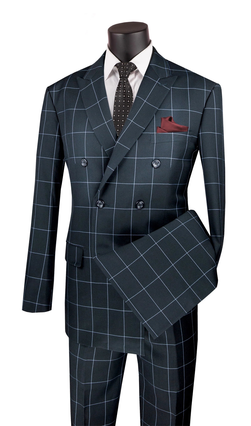 Black Modern Fit Double Breasted Windowpane Peak Lapel 2 Piece Suit for Men | Business Formal Attire | Wedding, Office & Special Occasion Wear