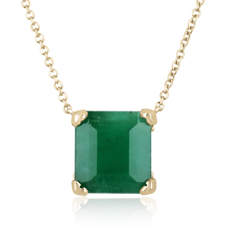 10.50 Carat 14K Gold Deep Green Emerald Solitaire Square Pendant Necklace - 14x14mm Anniversary Gift for Women, Perfect for Weddings, Parties & Special Occasions