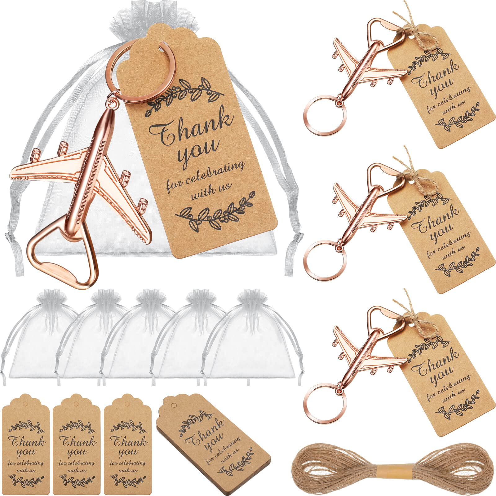 Honeydak 20-Piece Airplane Bottle Opener Keychains Set with White Sheer Favor Bags, Thank You Cards & Tags - Perfect for Wedding Favors, Baby Showers, Travel Theme Parties & Return Gifts - Let the Adventure Begin - Ideal for Airplane Enthusiasts, Frequent Travelers & Unique Party Favors