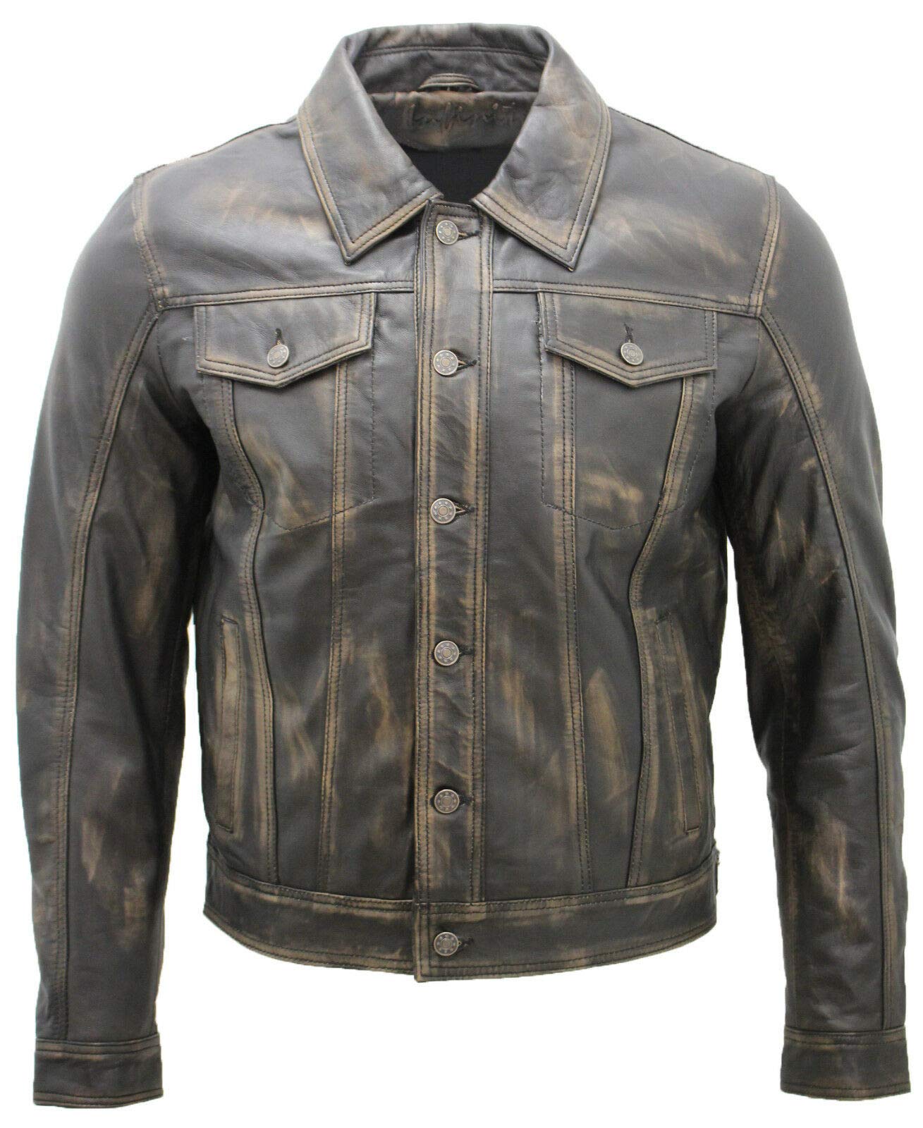 Vintage Black Leather Trucker Jacket for Men - Slim Fit Casual Denim Shirt Jacket - Perfect for Outdoor Adventures, Date Nights & Streetwear Fashion