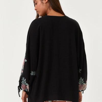 Black and Rose Embroidered Kimono Top for Women - Elegant Floral Japanese Style Cover Up - Perfect for Beach, Festival, and Boho Chic Outfits
