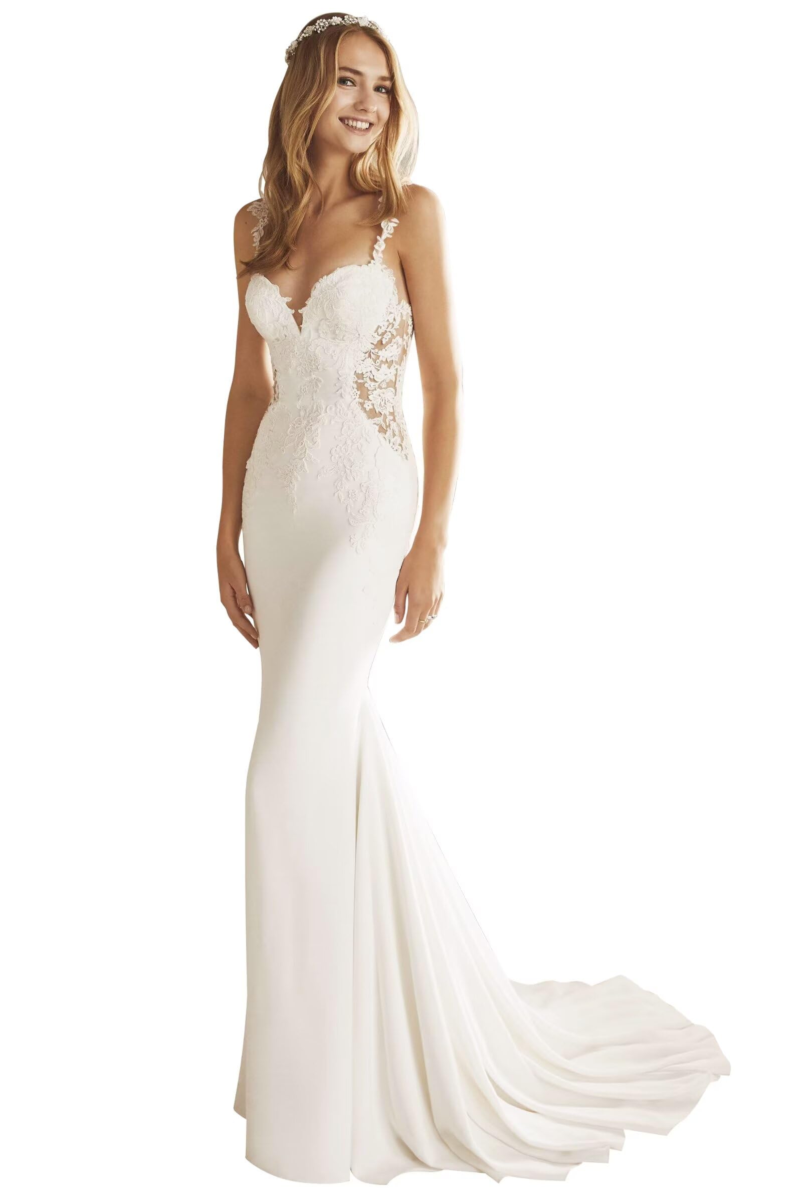 Mermaid Wedding Dresses for Bride | Elegant Lace Sheer Waist Beach Wedding Gown | Women's Bridal Dress for Beach, Destination & Summer Weddings