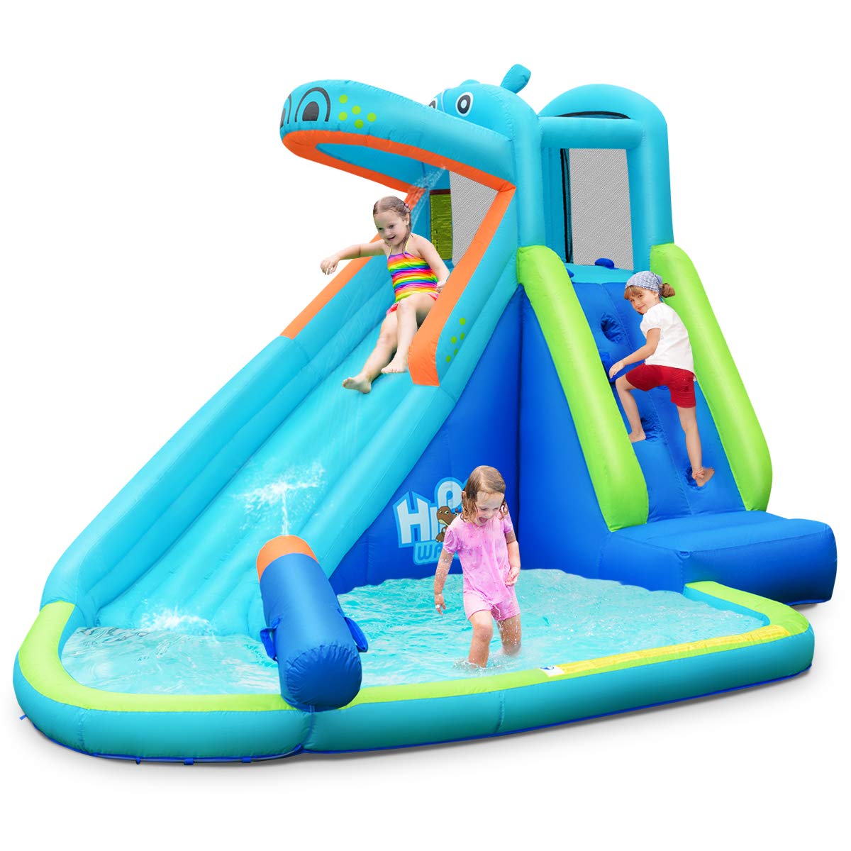 HONEY JOY Inflatable Water Slide - Hippo Theme Blow Up Bounce House with Climbing Wall for Backyard, Outdoor & Indoor Use - Kids and Adults Water Park Play Equipment (Blower Not Included) - Perfect for Summer Parties, Family Gatherings and Backyard Fun