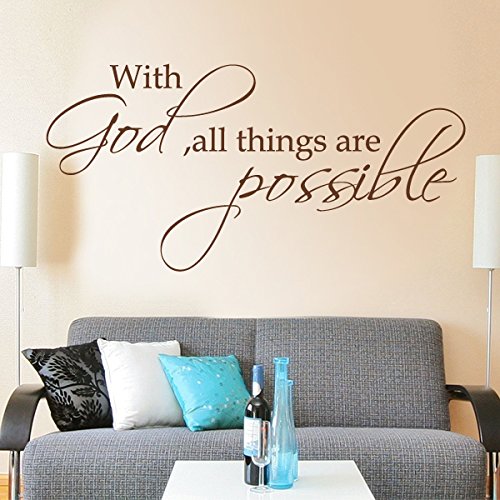 Religious Vinyl Bible Wall Decal - 'With God All Things Are Possible' Scripture Quote, Black Home Art Decoration for Bedroom, Nursery & Church