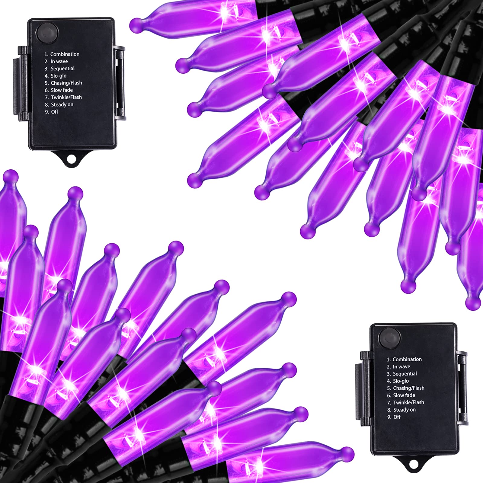 50 LED Purple Christmas String Lights - 17.8ft Waterproof Battery Operated Fairy Lights with 8 Lighting Modes (2 Pack) for Indoor Outdoor Holiday Decorations, Xmas Tree, Halloween Party, Patio, Wedding & Garden Decor