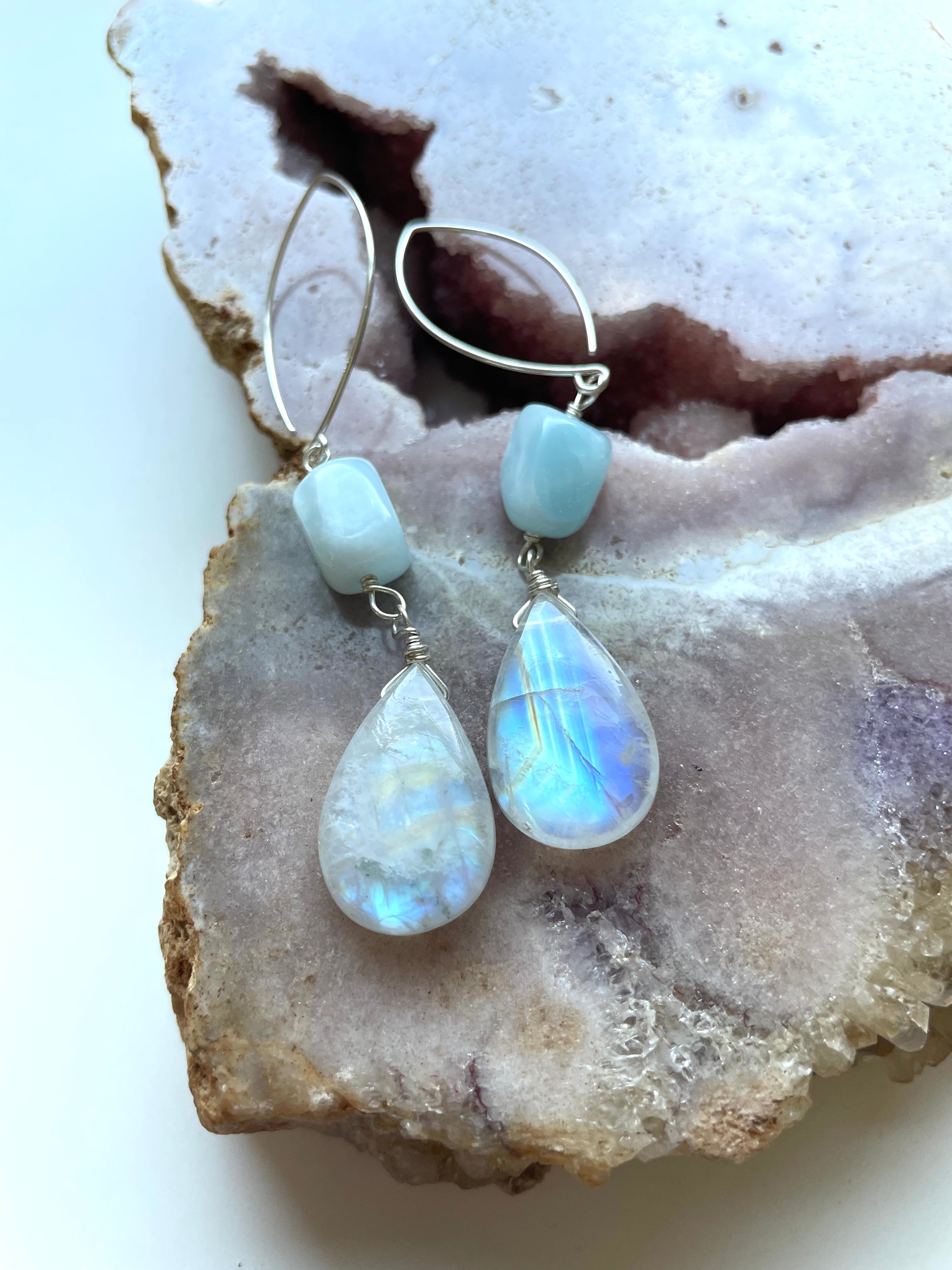 Long Larimar and Moonstone Earrings - Sterling Silver or Gold Filled Dangle Earrings for Women | Perfect for Weddings, Parties & Boho Fashion