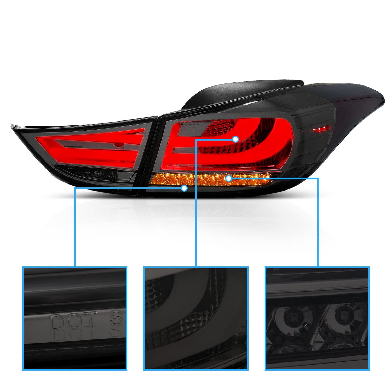AmeriLite LED Smoke Brake Tail Lights Replacement Set for Hyundai Elantra (4-Piece) - Left & Right Side - Durable, Waterproof, Easy Installation - Perfect for Night Driving & Car Customization
