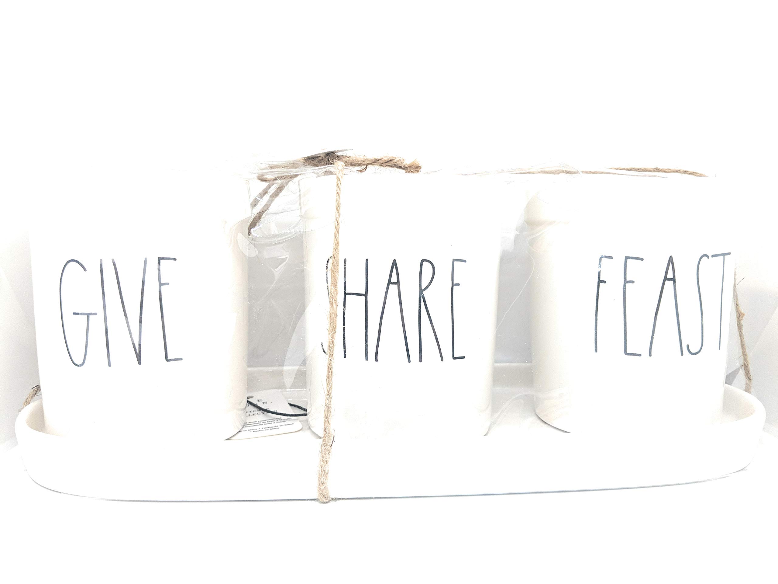 Rae Dunn Ceramic Utensil Holder Set - Large 'GIVE SHARE FEAST' Silverware Crock with Black Lettering & Tray | Kitchen Countertop Organizer for Spoons, Forks & Cooking Tools