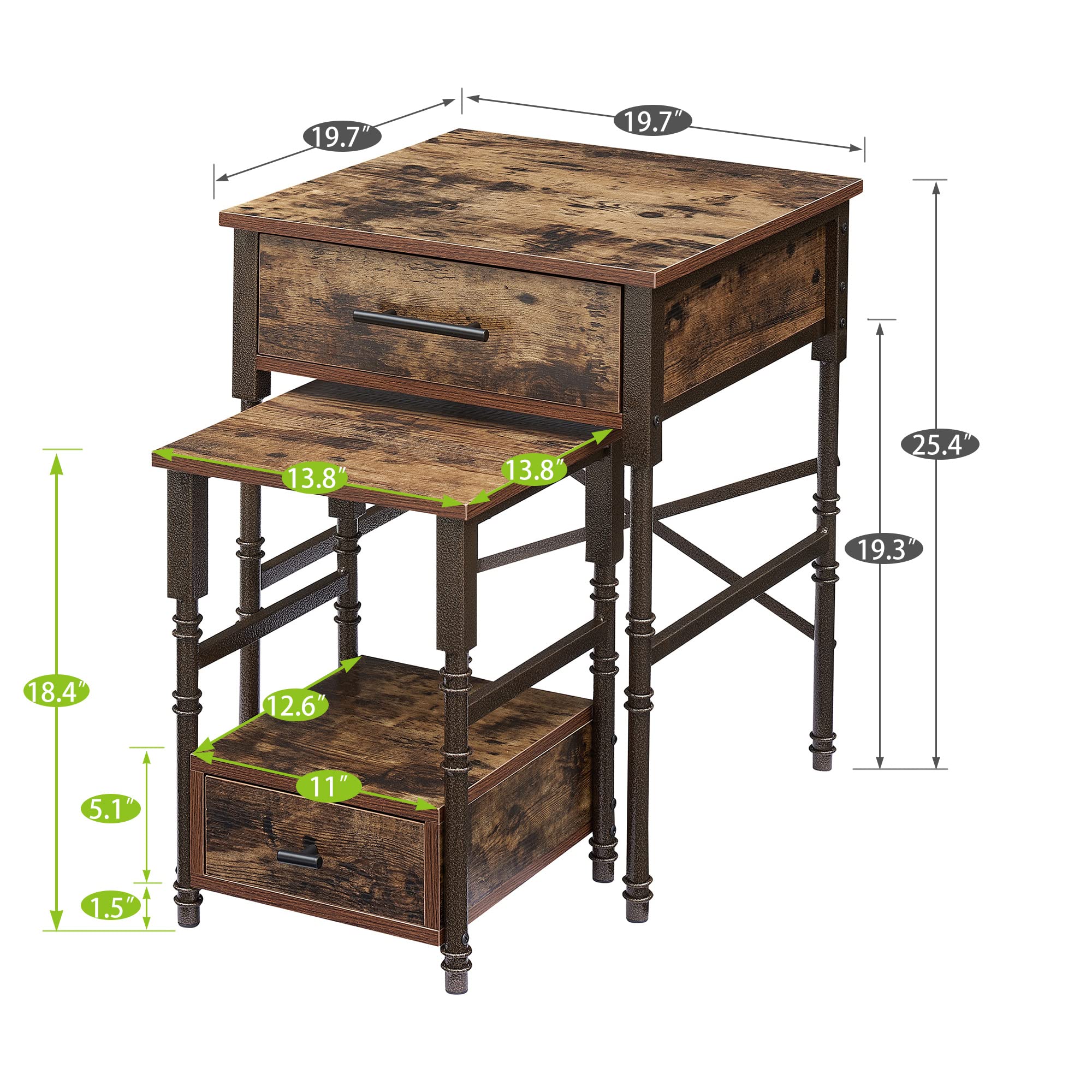 VECELO 2-Pack Nested End/Side Tables with Drawer - Rustic Brown Nightstands for Bedroom, Living Room, Office - Sturdy Metal Frame, Easy Assembly & Storage - Perfect for Small Spaces, Guest Rooms & Apartments