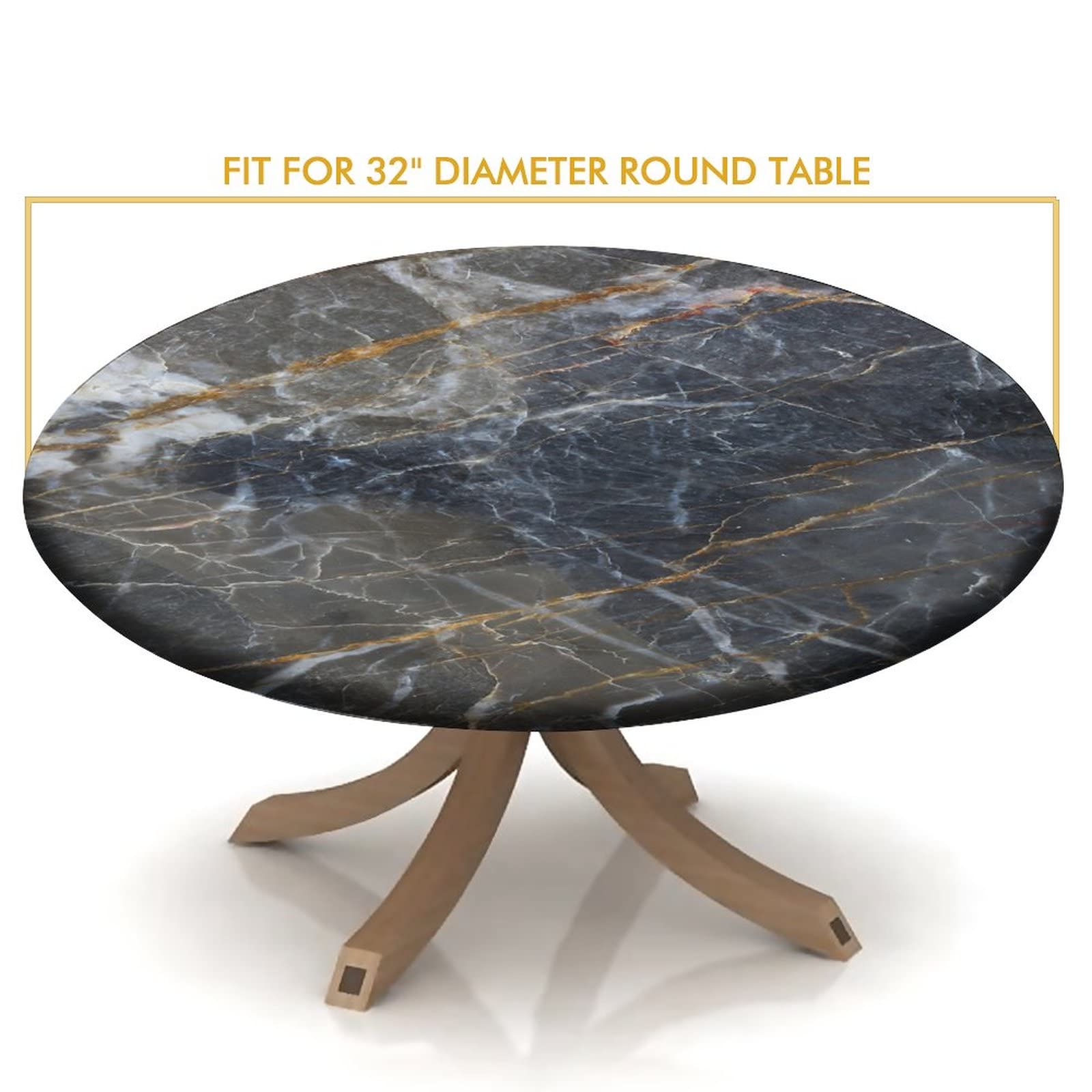 SongYi Spill-Proof Marble Round Fitted Tablecloth - Waterproof Kitchen Dining Table Cover with Patterned Texture (28''-32'' Round Tables) - Elegant Black Gray Gold Design for Home Decor & Dinner Parties