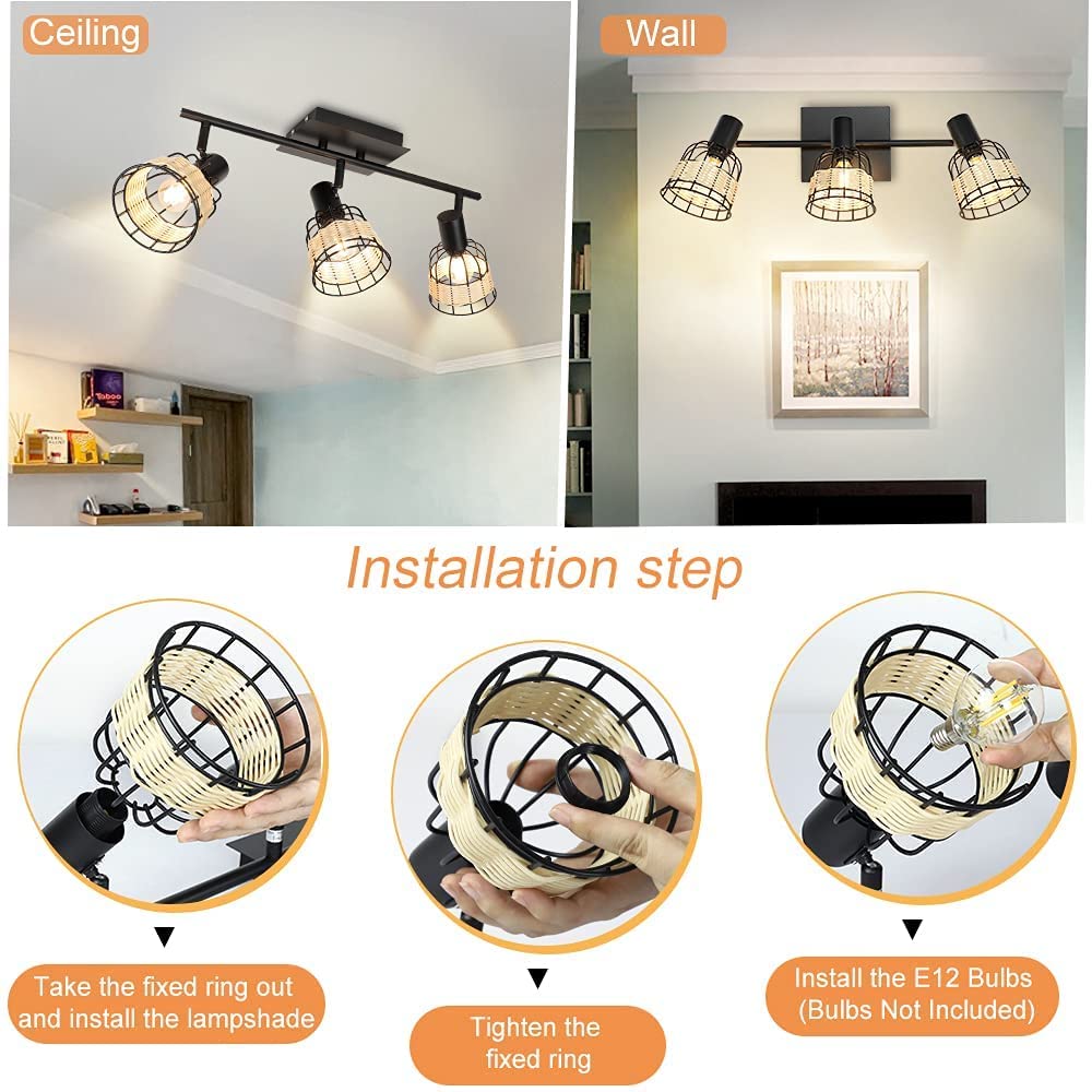 Depuley 3-Way Adjustable Ceiling Light Fixture - Black Metal & Woven Lampshade Spotlight for Kitchen, Living Room, Bedroom, Dining Room, Hallway (Bulbs Not Included) | Modern Lighting for Home Decor & Ambient Illumination