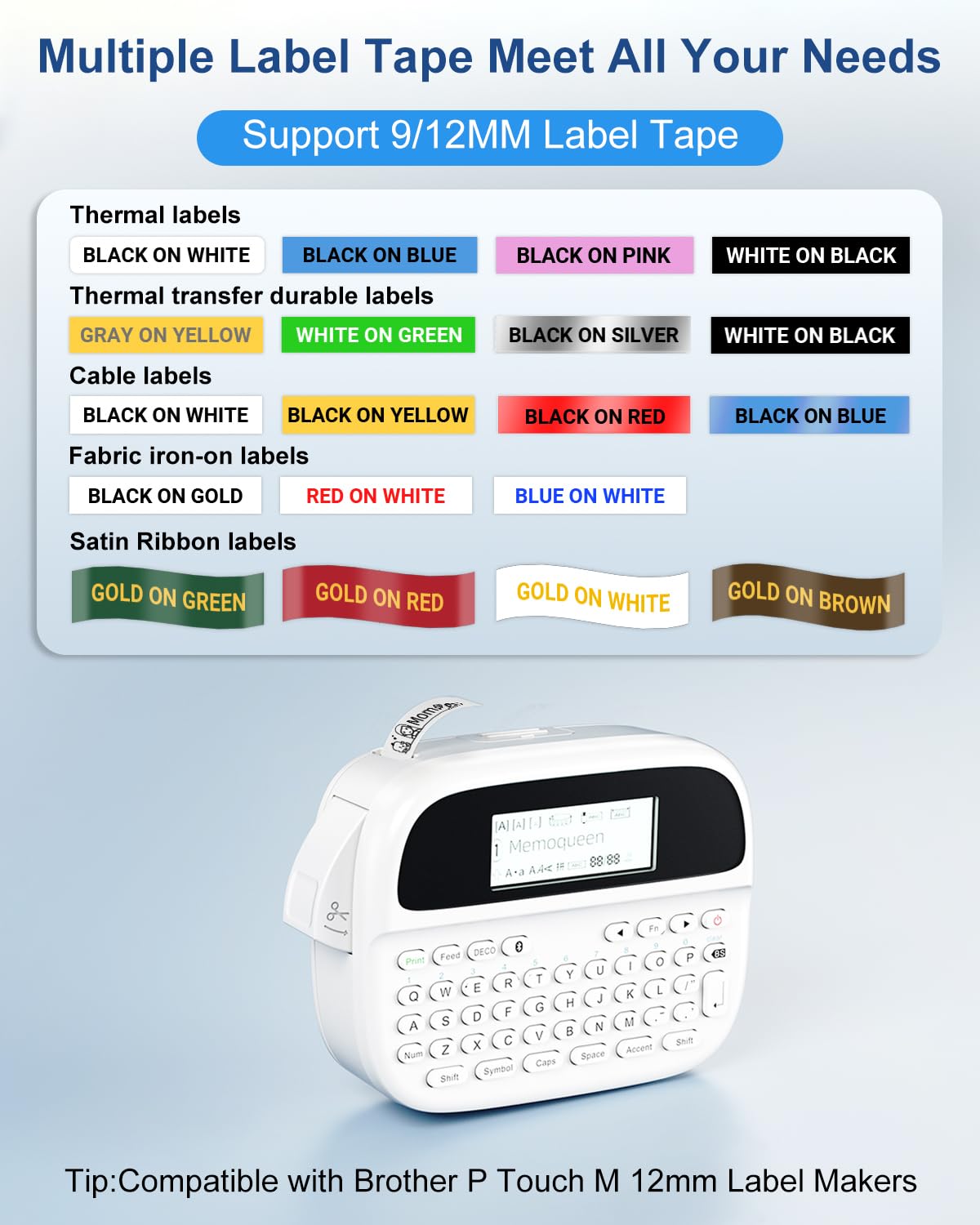 Memoqueen M950 Rechargeable Bluetooth Label Maker with QWERTY Keyboard - 100+ Symbol & Icon Templates for Home, Office & School - Compatible with iOS & Android - Perfect for Organizing, Storage & Craft Projects