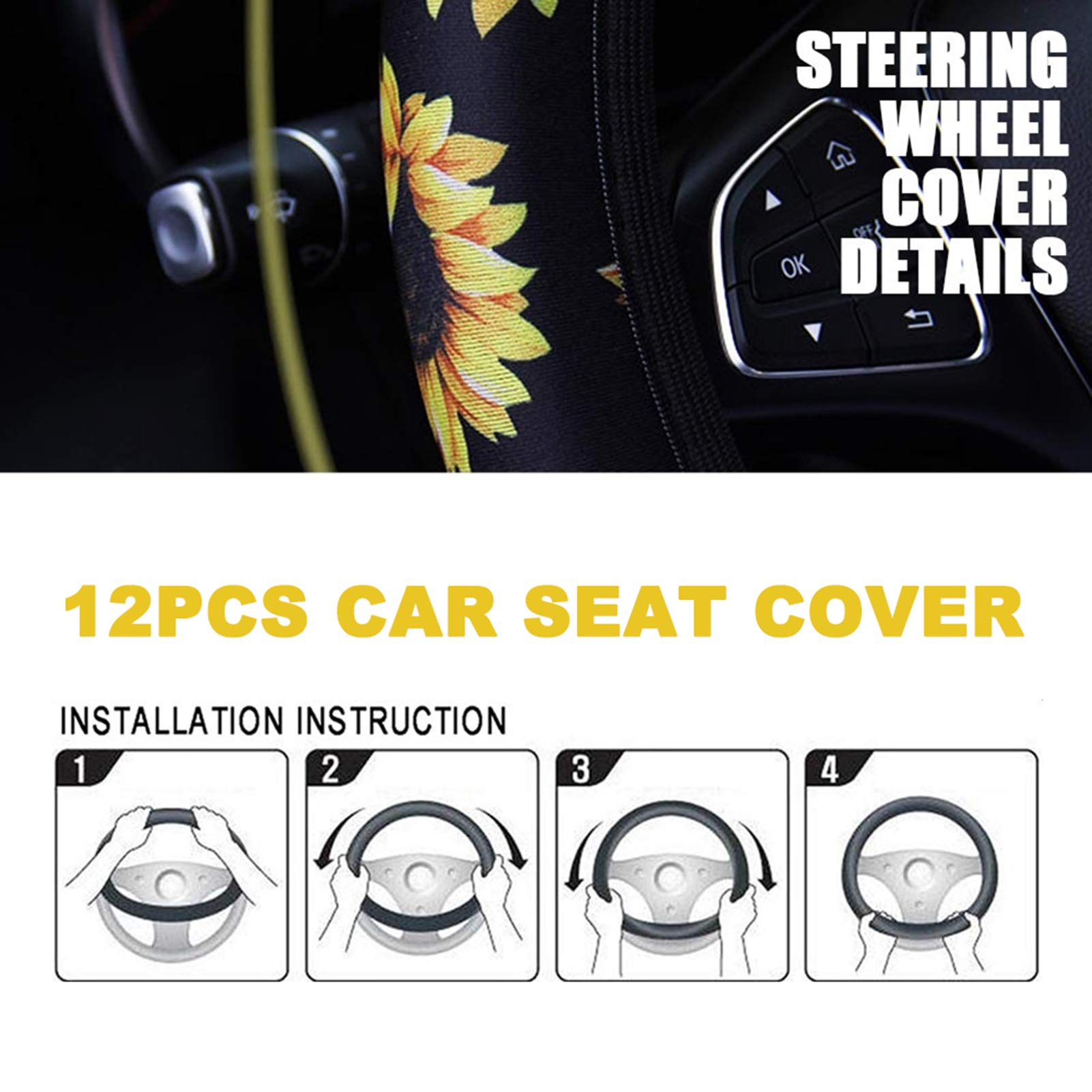 12PCS Sunflower Car Seat Covers Set with Steering Wheel Cover - Waterproof & Universal Fit for Cars, SUVs, Trucks - Vibrant Sunflower Pattern Car Accessories for Year-Round Comfort and Protection - Perfect for Road Trips, Daily Commutes, and Family Travel