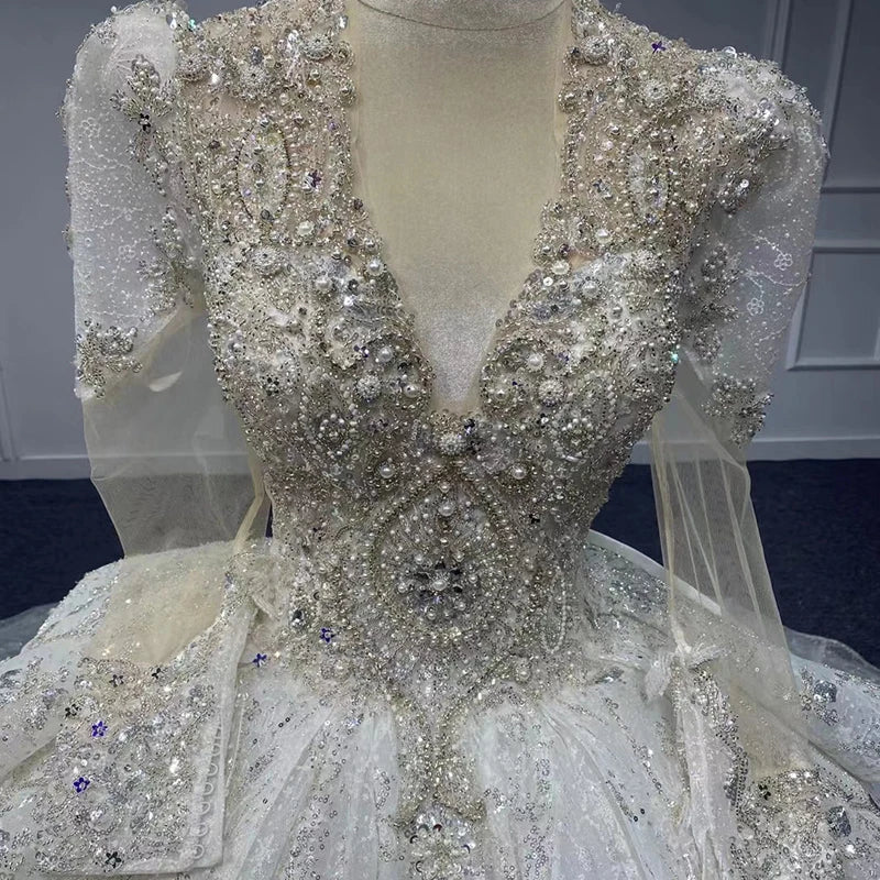 Elegant Women's Organza Ball Gown with Full Sleeves & Beaded Lace-Up Detail - Perfect for Prom, Evening Gala & Special Occasions