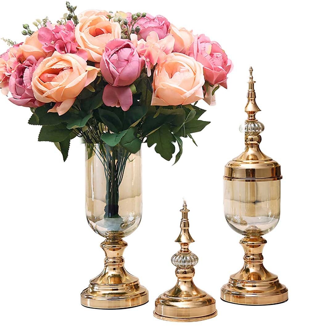 2X Clear Glass Flower Vase with Lid - Pink Floral Filler & Gold Accent Set for Home Decor, Wedding Centerpieces, and Tabletop Arrangements