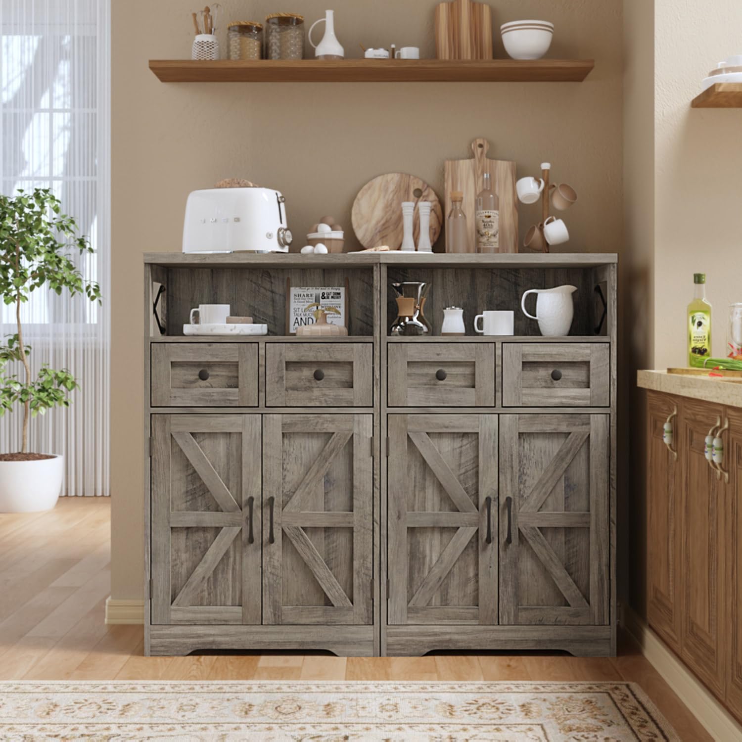 Rustic Grey Farmhouse Storage Cabinet with Drawers & Shelf - Freestanding Kitchen Pantry Organizer, Floor Cabinet Hutch for Home Office & Living Room - Perfect for Kitchen Storage, Home Organization & Farmhouse Decor