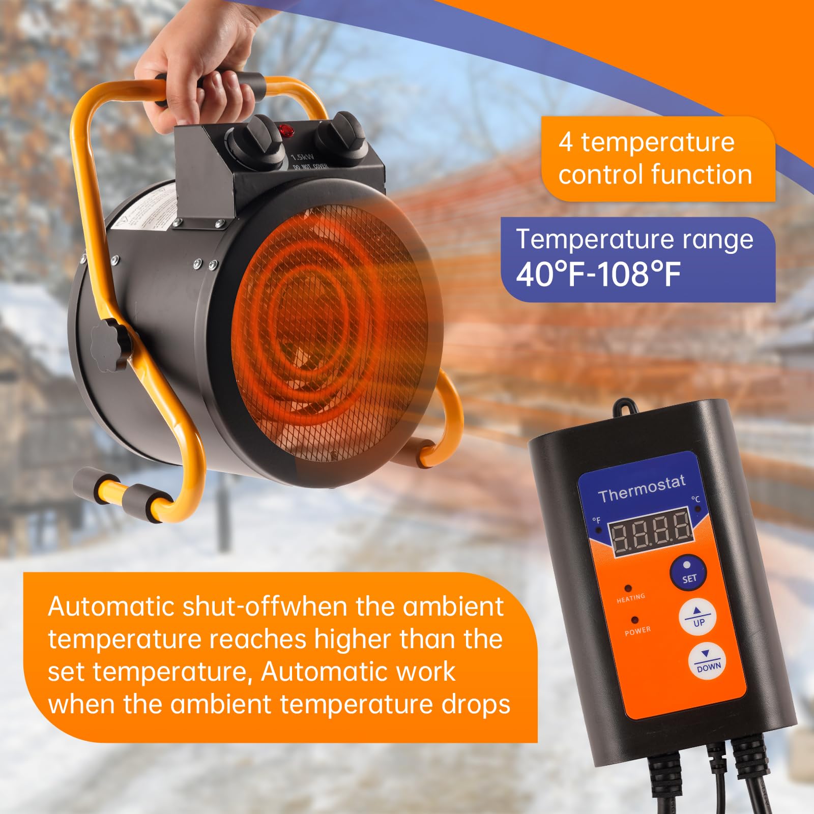 1500W Digital Greenhouse Heater with Thermostat - Portable Outdoor Space Heater Fan for Winter Plants - Fast Heating Electric Garage Warmer with Overheat Protection - Perfect for Greenhouses, Sheds & Cold Weather Gardening