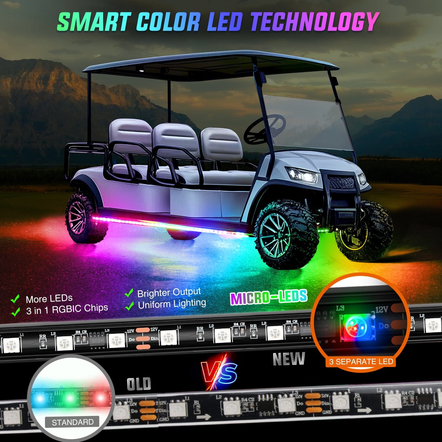 2Pcs Golf Cart Underglow LED Light Kit for EZGO Yamaha Club Car - Waterproof Underbody Lights for Night Driving & Customization