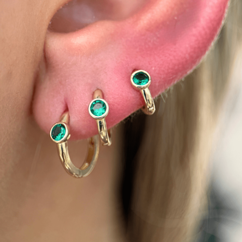 14K Solid Yellow Gold Emerald Huggie Hoop Earrings - Dainty Bezel Set Studs for Women, Perfect for Everyday Wear & Special Occasions