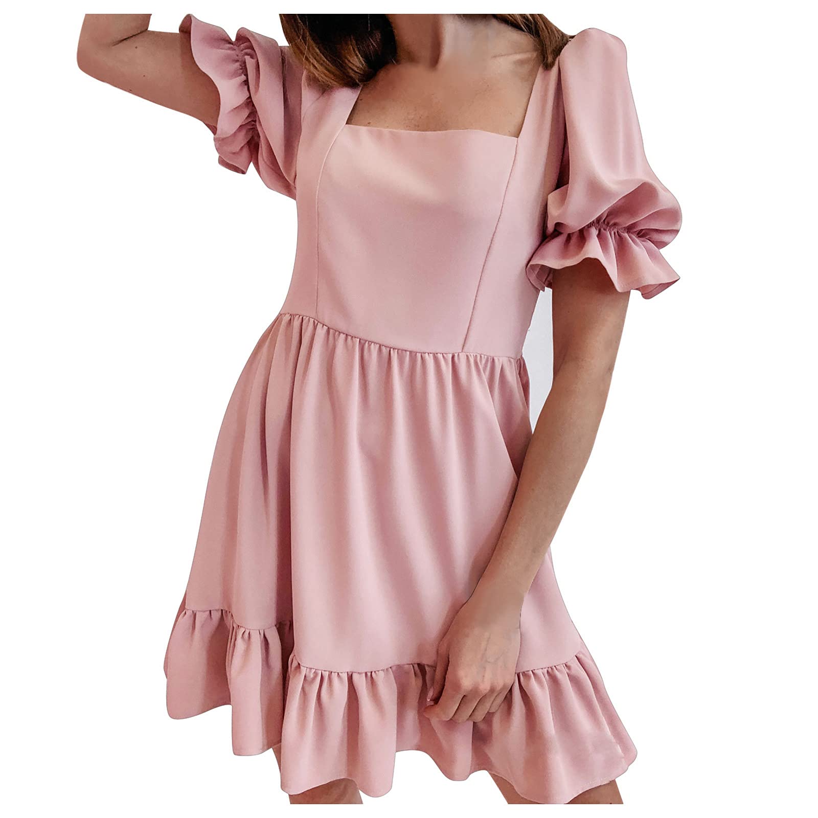 ONablvd Women's Spring Summer Casual Dress - Loose Fit Short Sleeve Ruffled Stitching Flowy Dress in Pink (Size M) | Perfect for Beach Outings, Brunch Dates & Summer Vacations