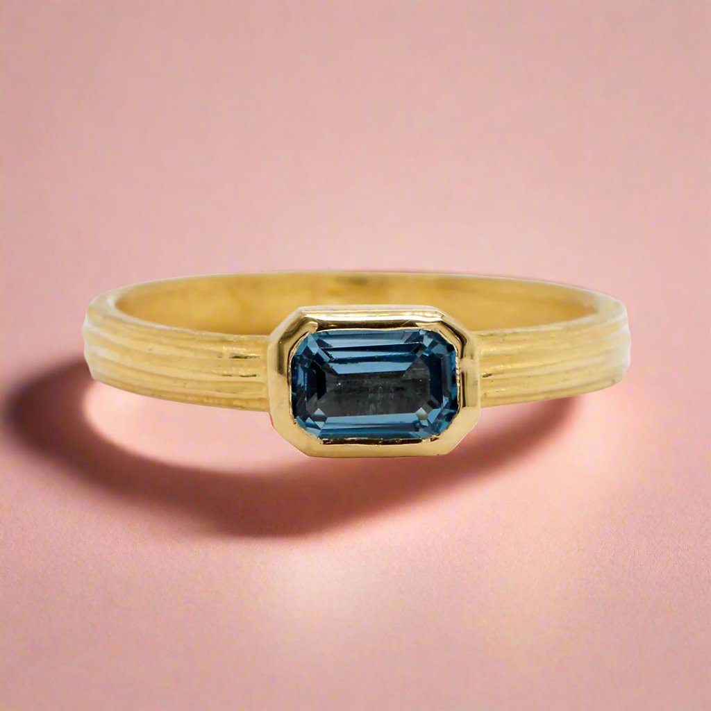 Emerald Cut Aquamarine Ring for Women - 14K Gold Plated March Birthstone Jewelry - Elegant Gift for Anniversary, Engagement & Everyday Wear