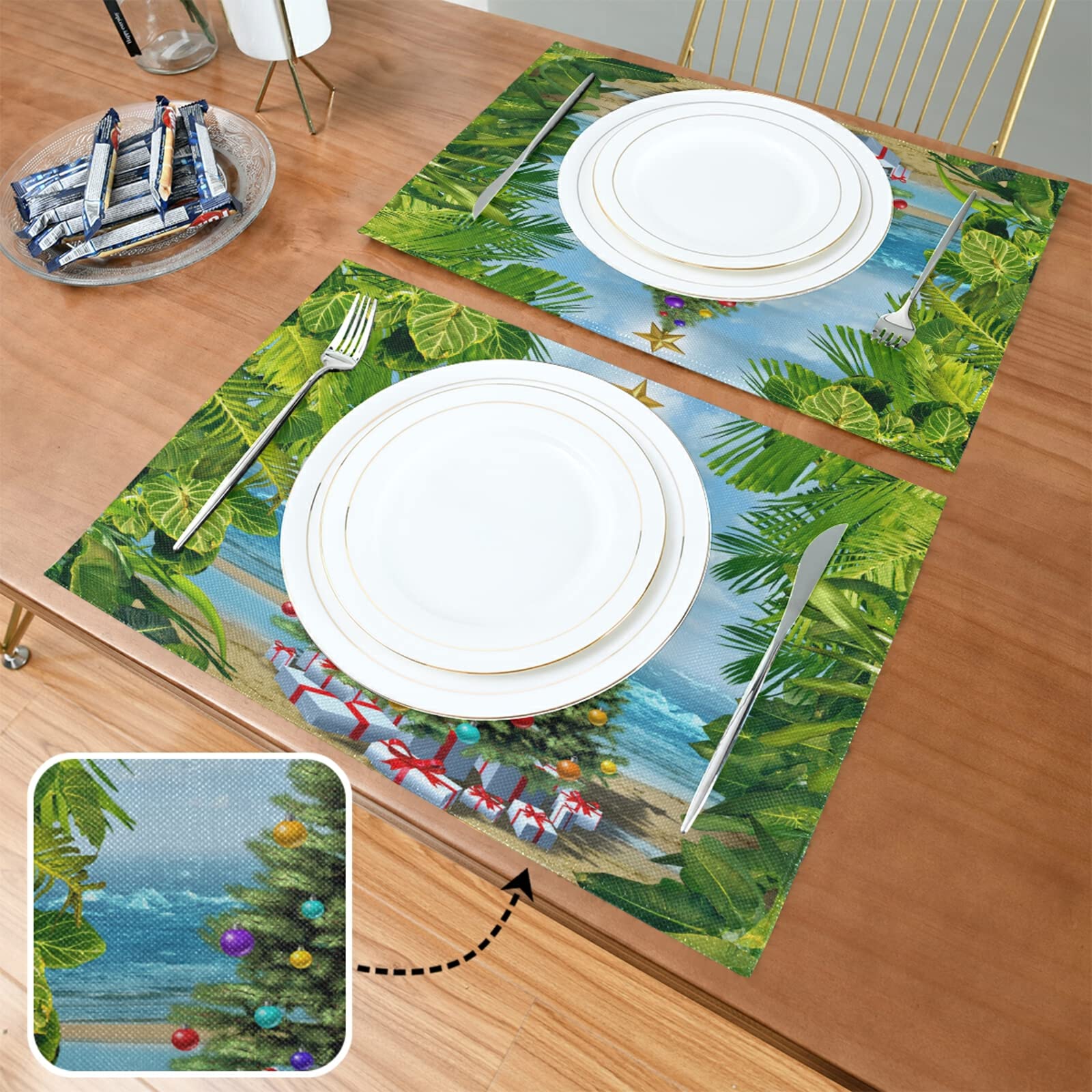 WIHVE 6-Pack Polyester Placemats - Tropical Palm Leaf & Christmas Tree Design Waterproof Table Mats for Dining, Kitchen, Beach Party, Holiday Decor, Indoor and Outdoor Use