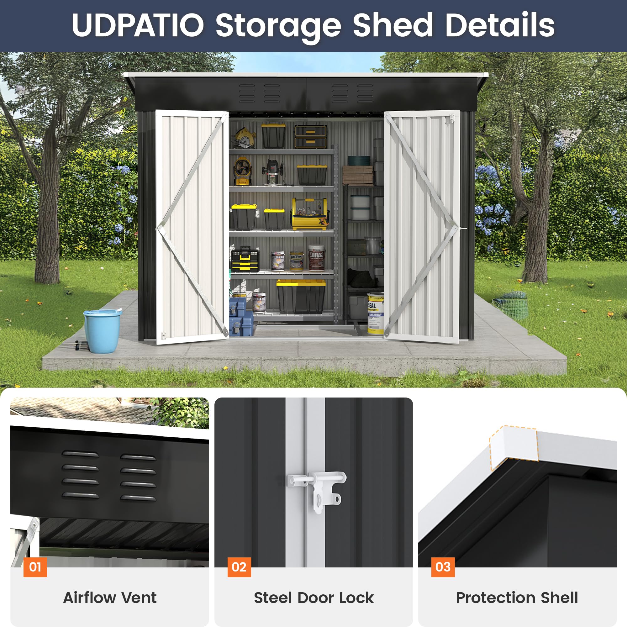 8x4 FT Outdoor Storage Shed - Galvanized Steel Metal Tool Shed with Lockable Door for Patio, Yard & Lawn - Perfect for Storing Bikes, Lawnmowers & Garden Equipment (Dark Grey)