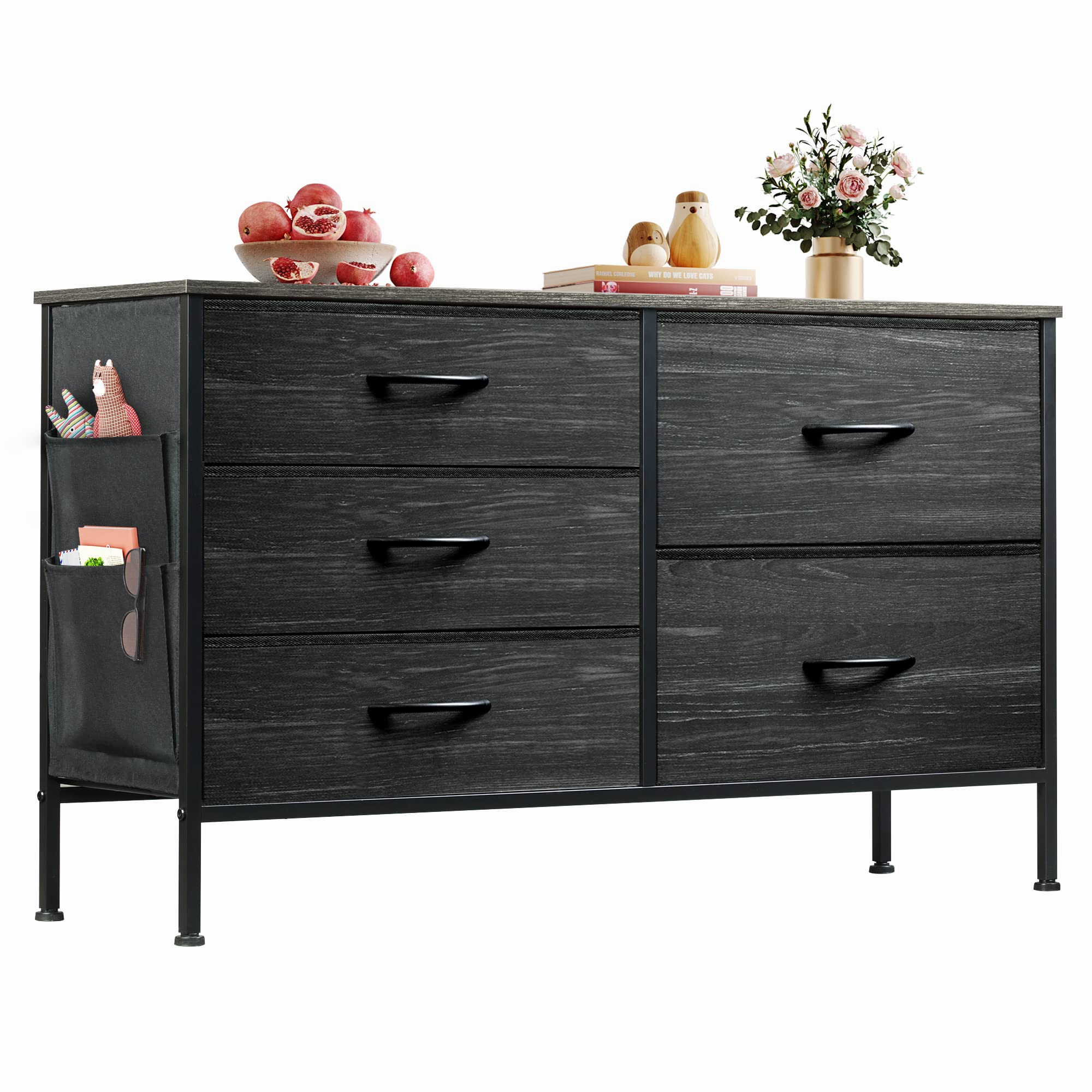5-Drawer Fabric Dresser for Bedroom - Wide Storage Chest with Organizer & Side Pockets | Wood Grain Print in Charcoal Black | Perfect for Closet Organization, Hallway Storage & Nursery Decor