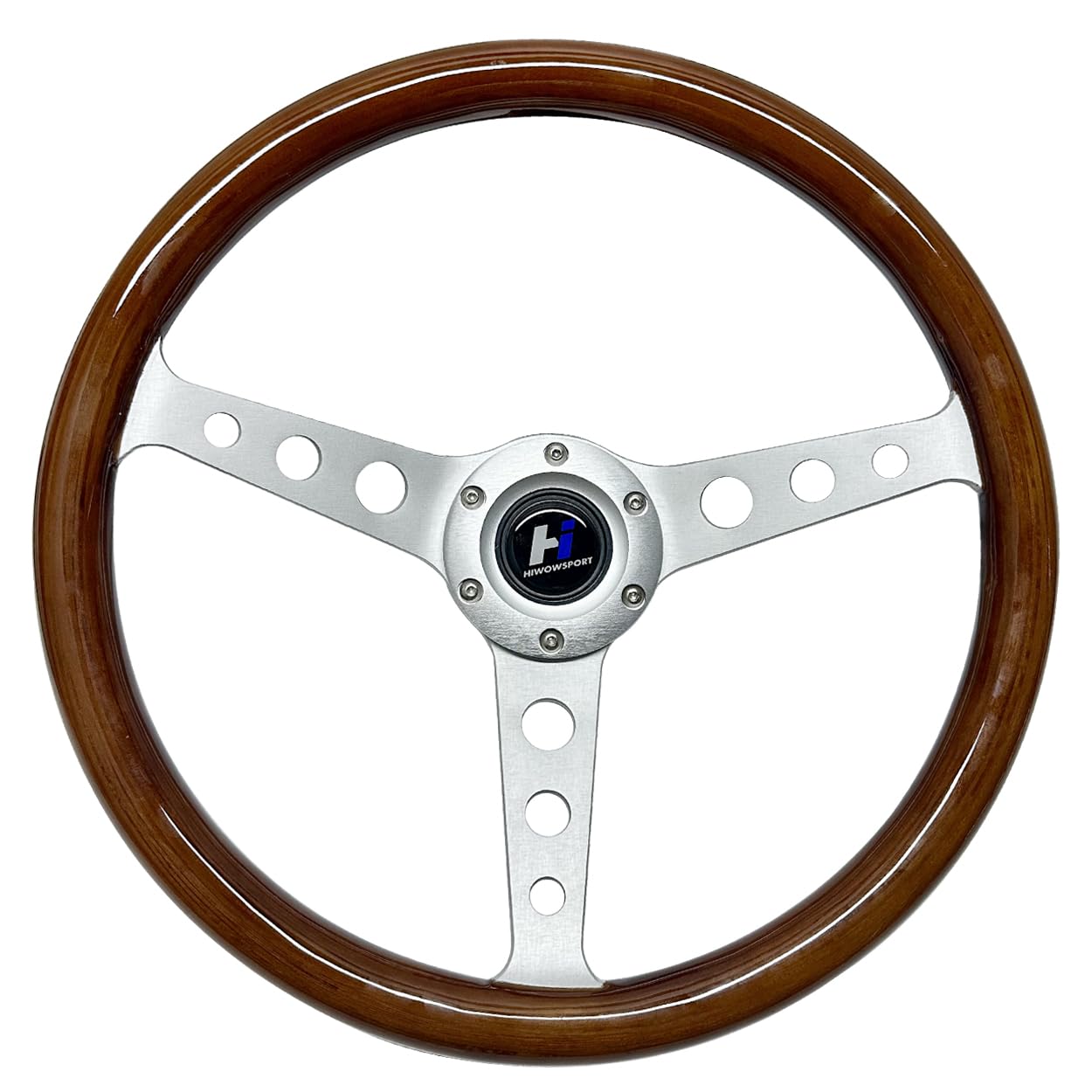 14 Inch Universal Classic Wood Grain Steering Wheel - Brushed 3 Spoke Design, 1.5 Inch Depth with Horn Button (6 Bolt Pattern) - Perfect for Car Upgrades, Vintage Vehicles & Racing Simulators