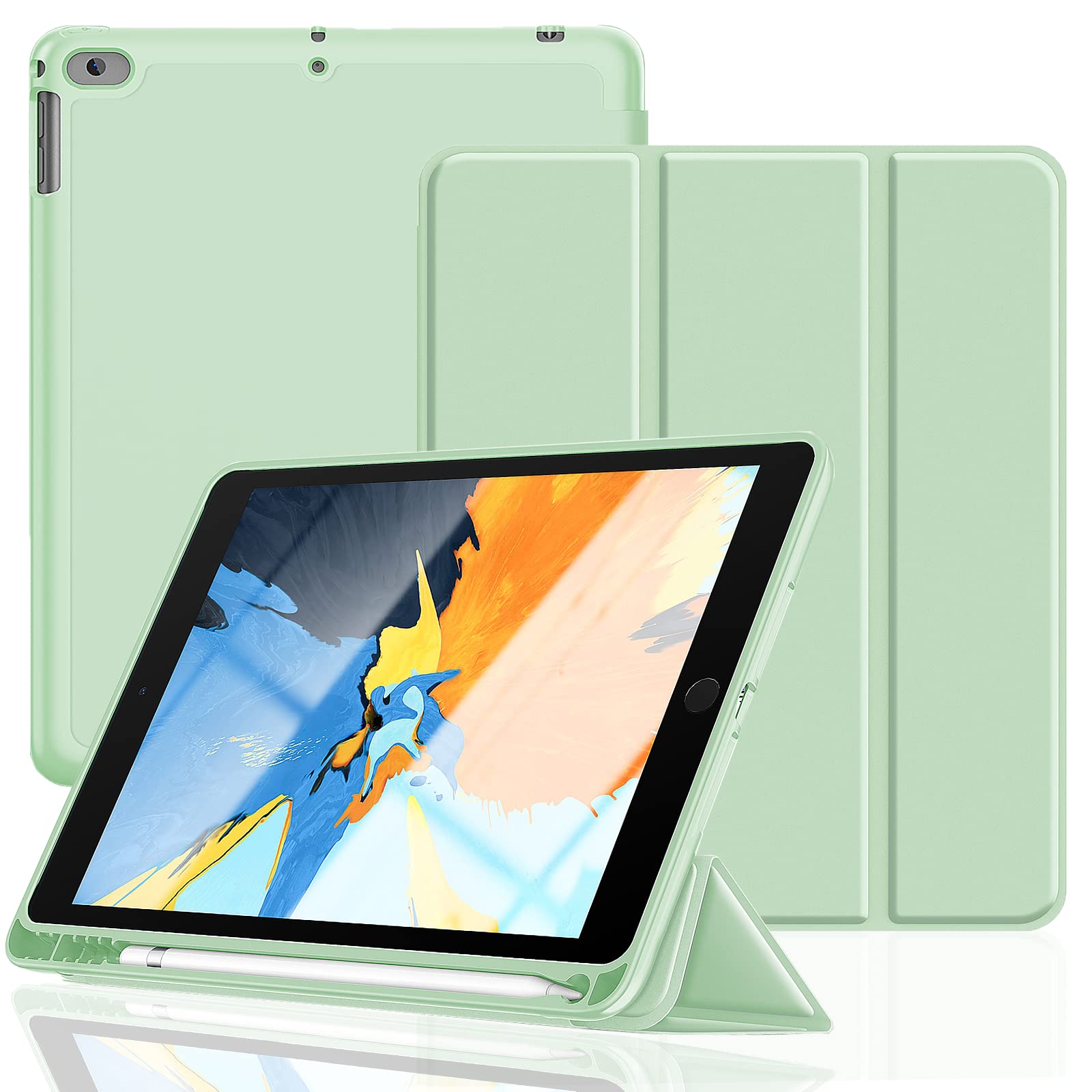 Gahwa iPad 9.7 Inch Protective Case with Pencil Holder - Compatible with iPad 6th/5th Generation (2018/2017) & iPad Air 2/Air | Auto Sleep/Wake Function | Durable Cover for Work, School & Travel - Matcha Green